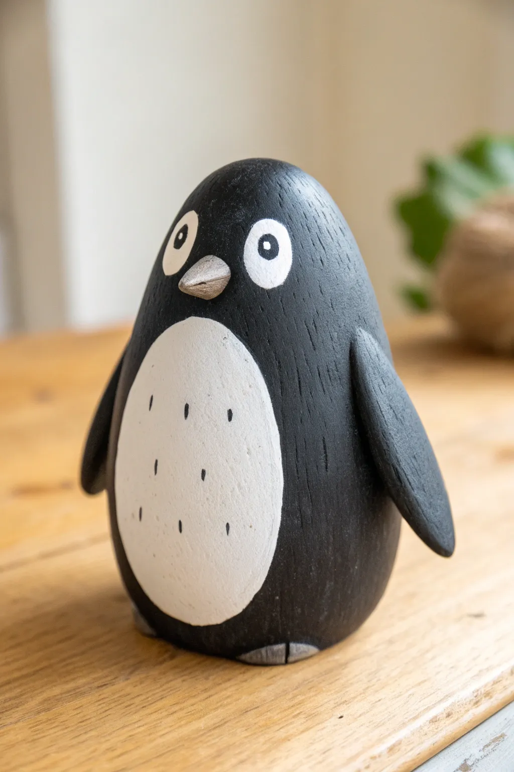 Easy one-ball clay penguin with a bright white belly, minimalist Nordic style and bold contrast.