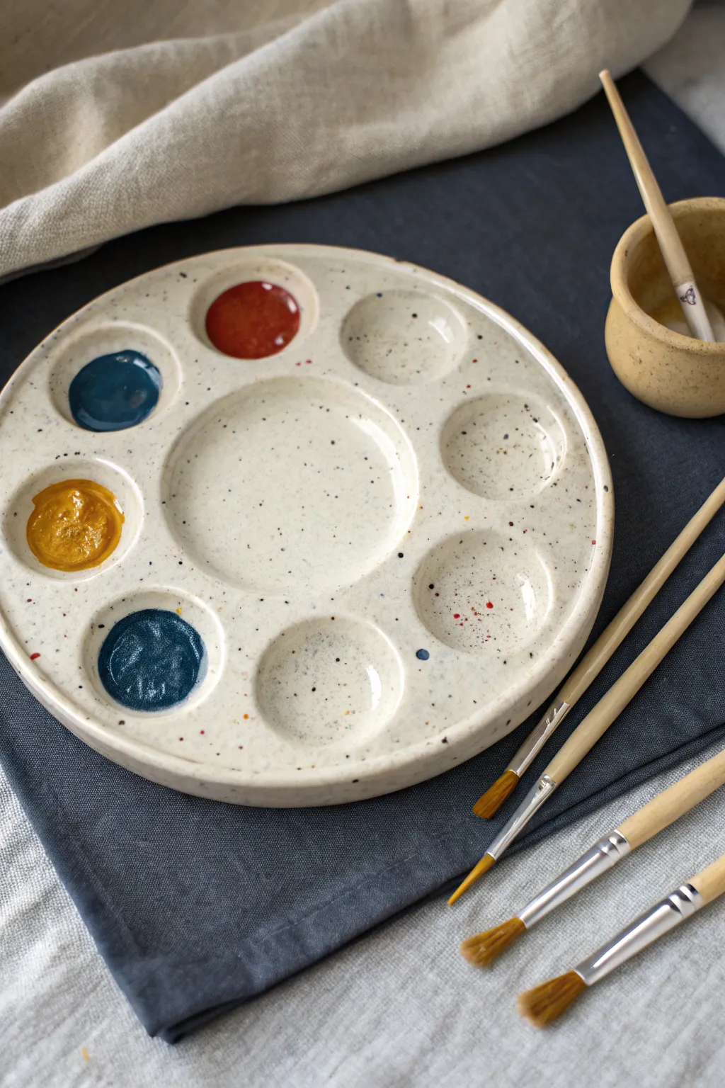 Creamy ceramic palette dish with simple wells, brushes nearby, bold color pops, minimalist boho