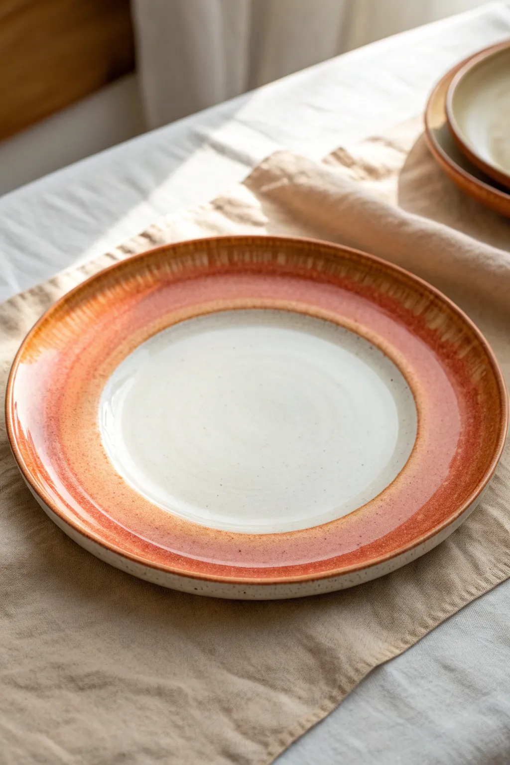 Soft ombre sunset rim on a white ceramic plate, minimal yet bold and easy to recreate.