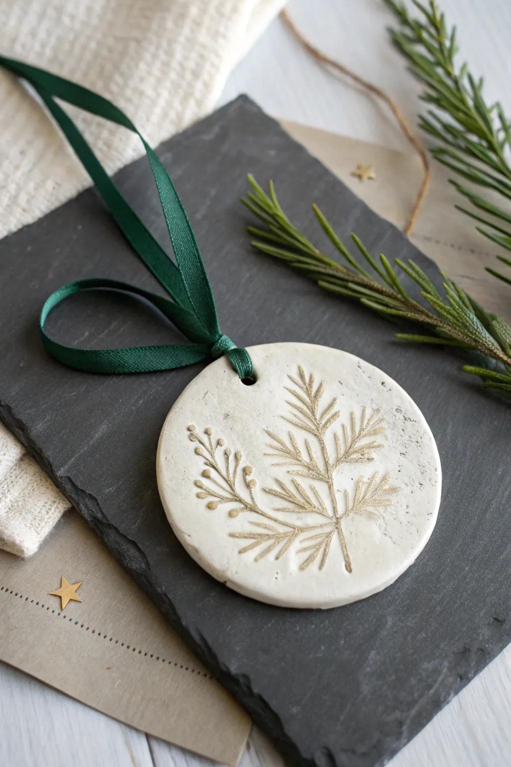 Creamy-white evergreen sprig relief ornament with antique wash and emerald satin ribbon.