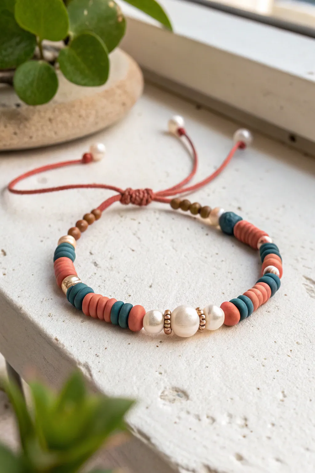Soft heishi clay beads with pearl-look rounds make an easy, elegant bracelet you can DIY today