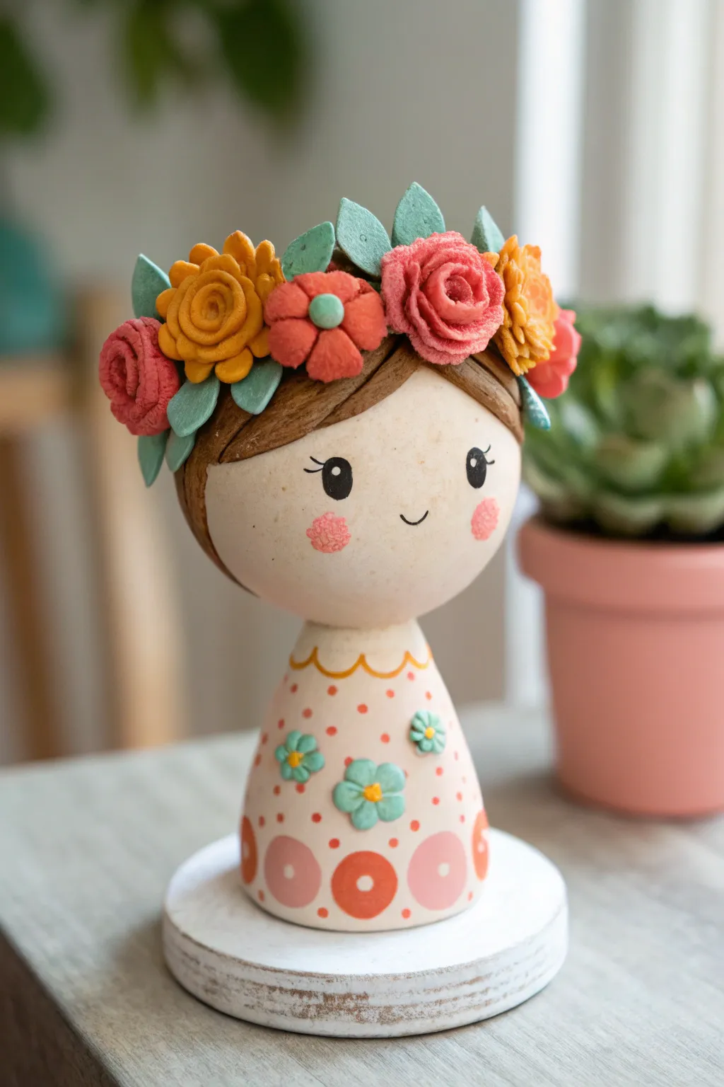 Flower crown girl clay bobblehead with bold chunky petals and a simple face, modern boho minimal