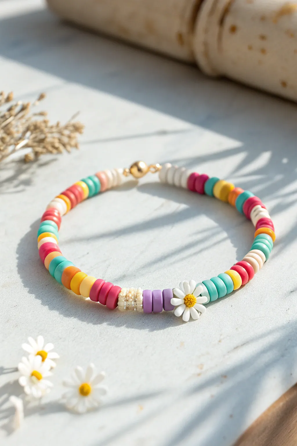 Bright heishi beads with sweet daisy spacers for an easy, cheerful clay bracelet pattern