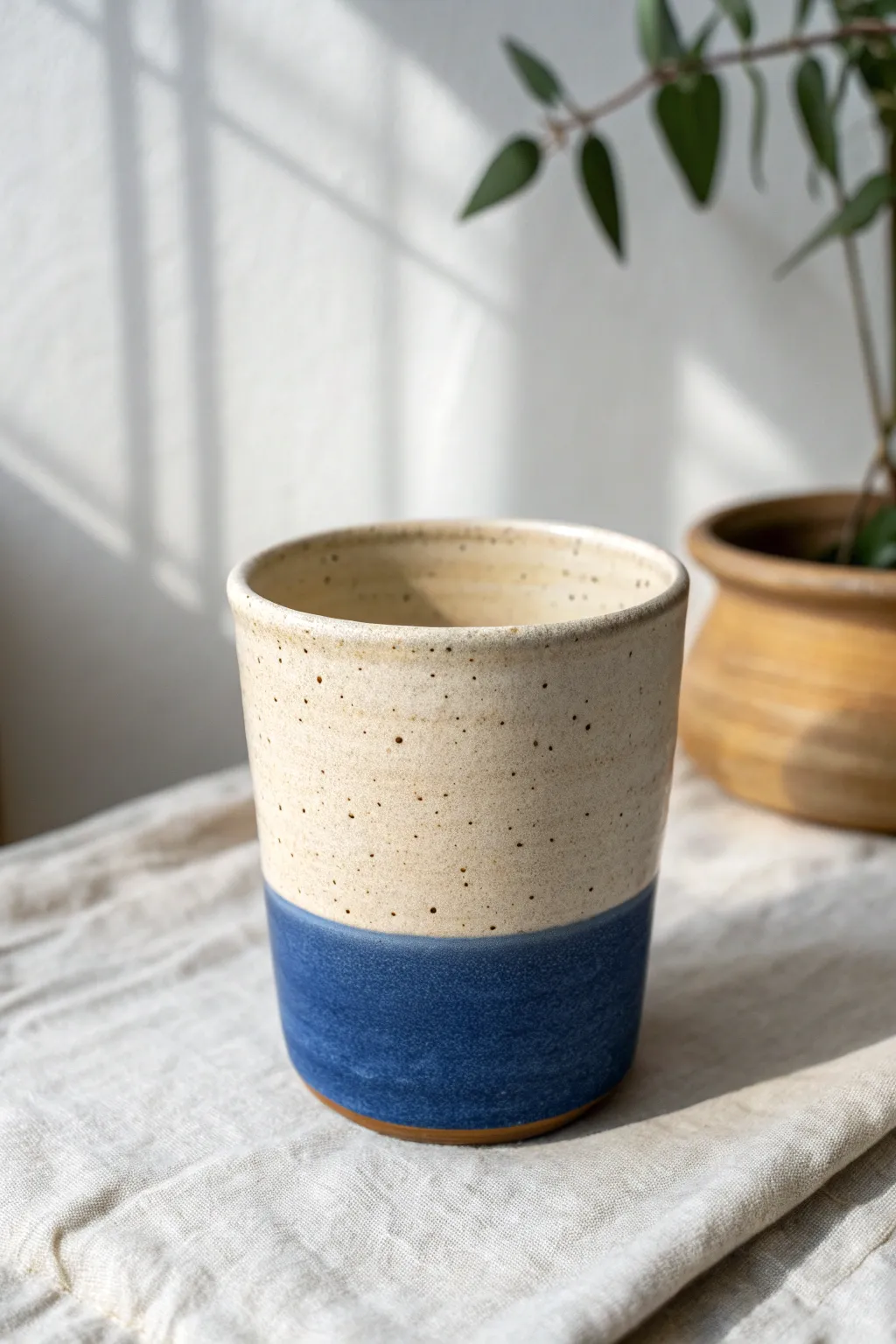 Two-tone dipped clay cup with a crisp halfway split, bold color, and minimalist Scandinavian style.