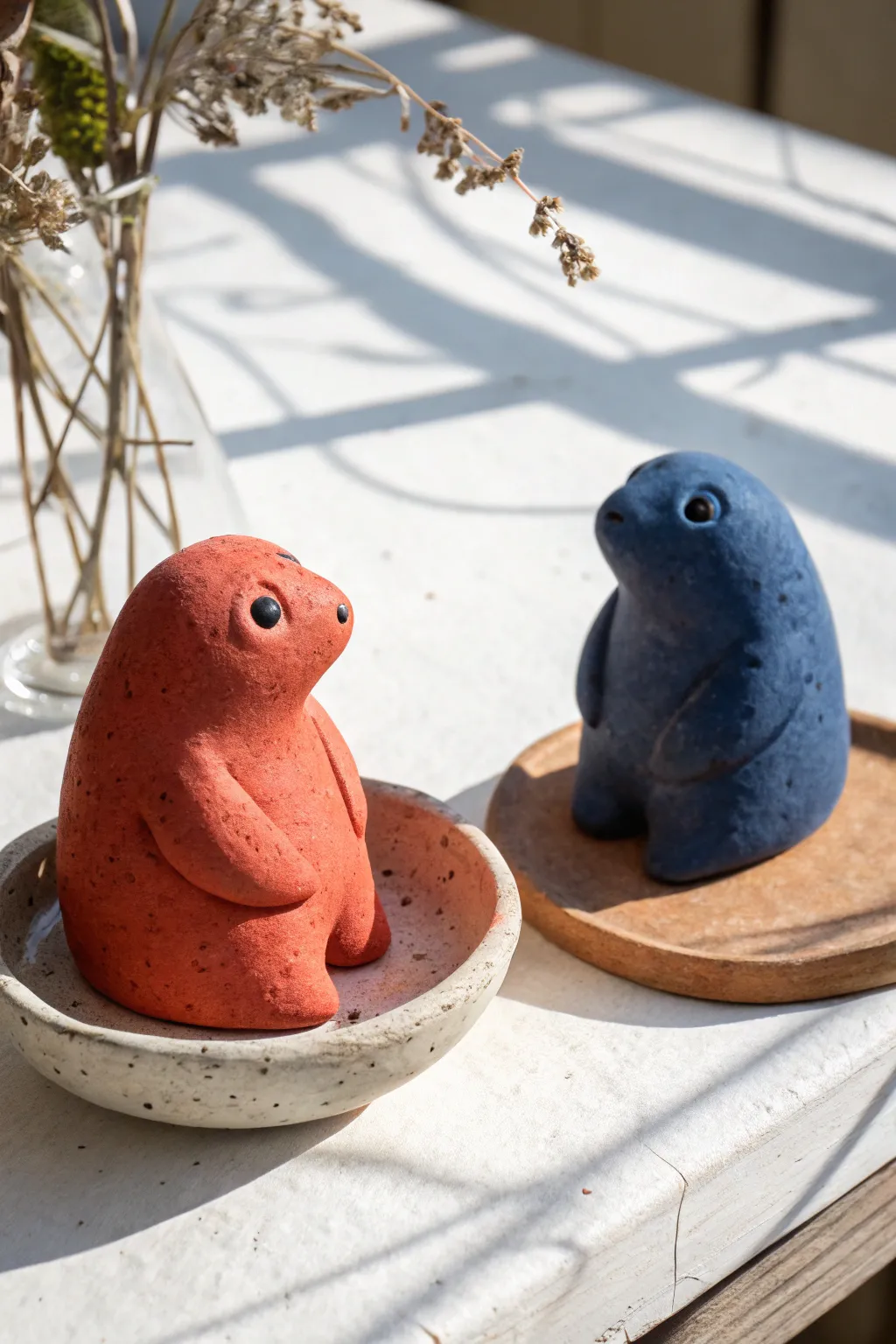 Tiny animal buddy sculptures for a clay date: simple chubby shapes, bold color, sweet vibes