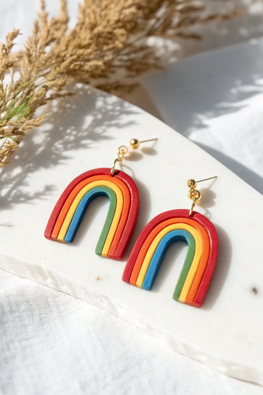 Rainbow arch stripe clay earrings, simple and joyful, perfect beginner DIY for a pop of color.