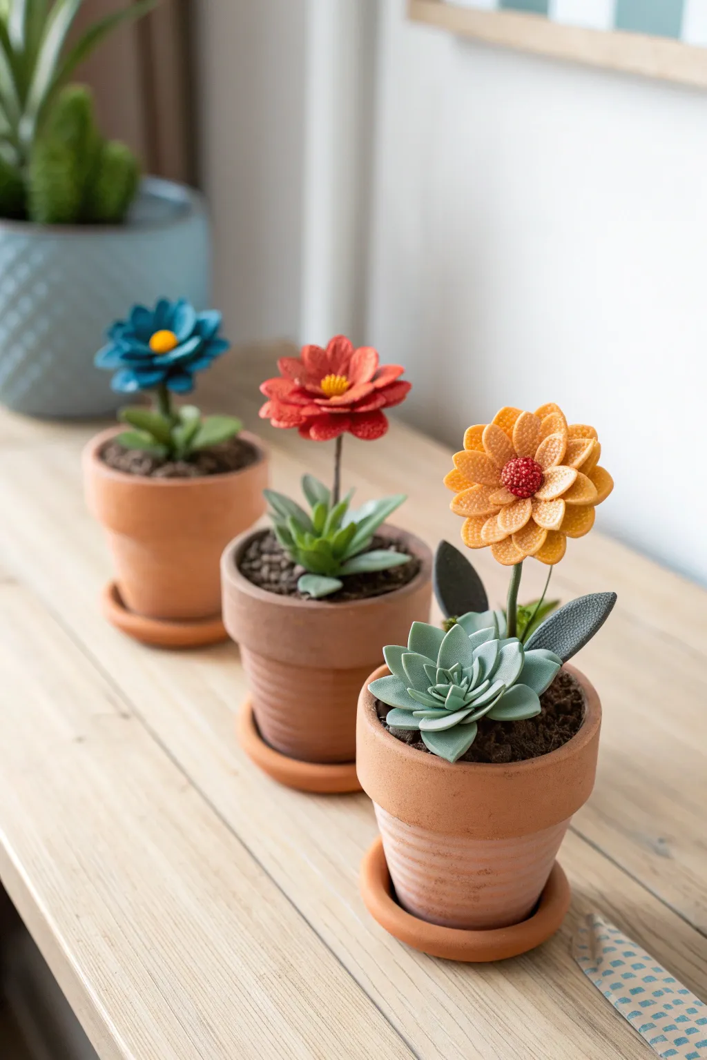 Three mini clay pots with chunky petal blooms, minimalist boho desk decor in bold, cozy tones.