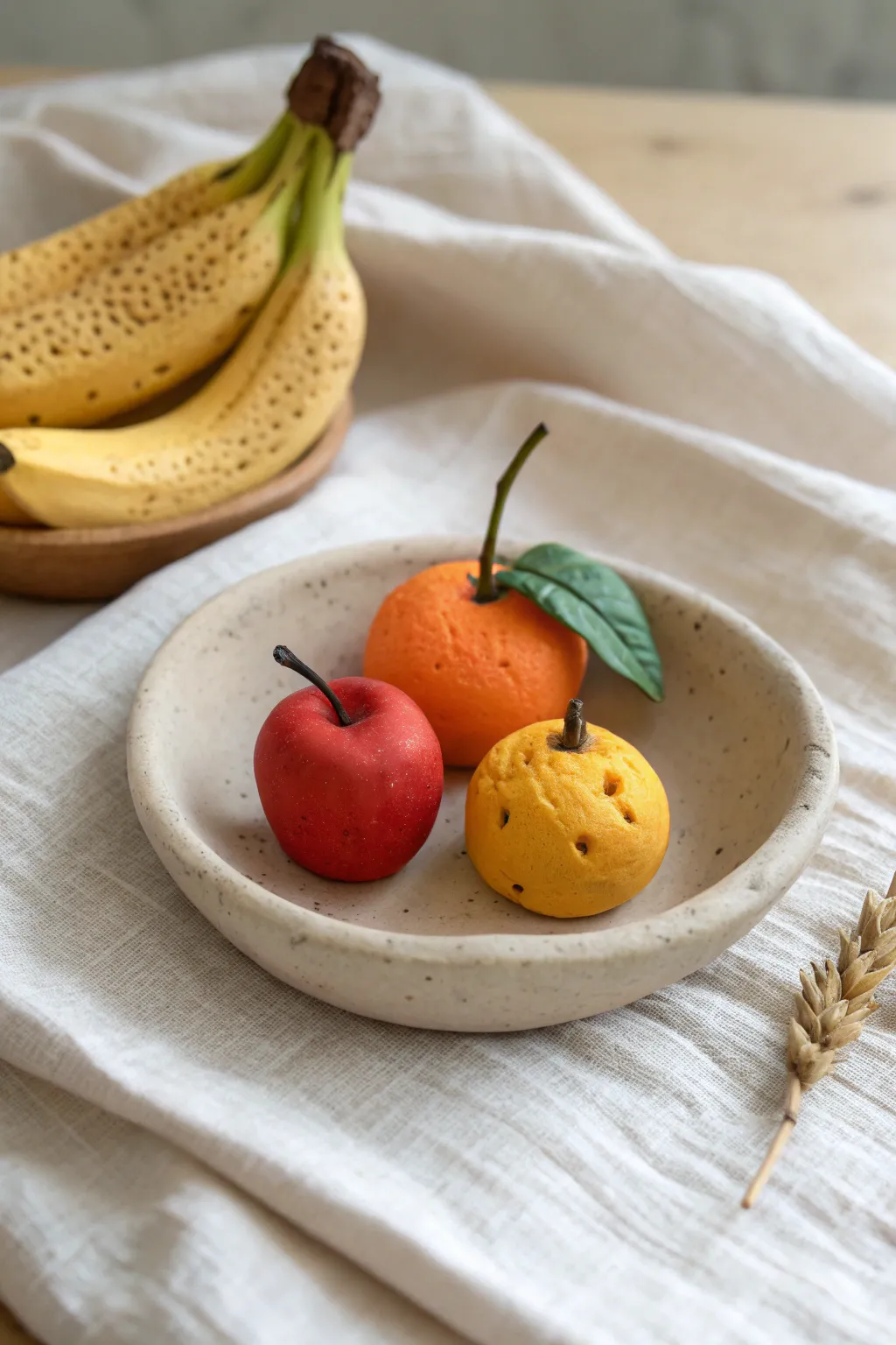 Adorable mini clay apple, orange, and banana trio in bold colors for easy food-inspired projects