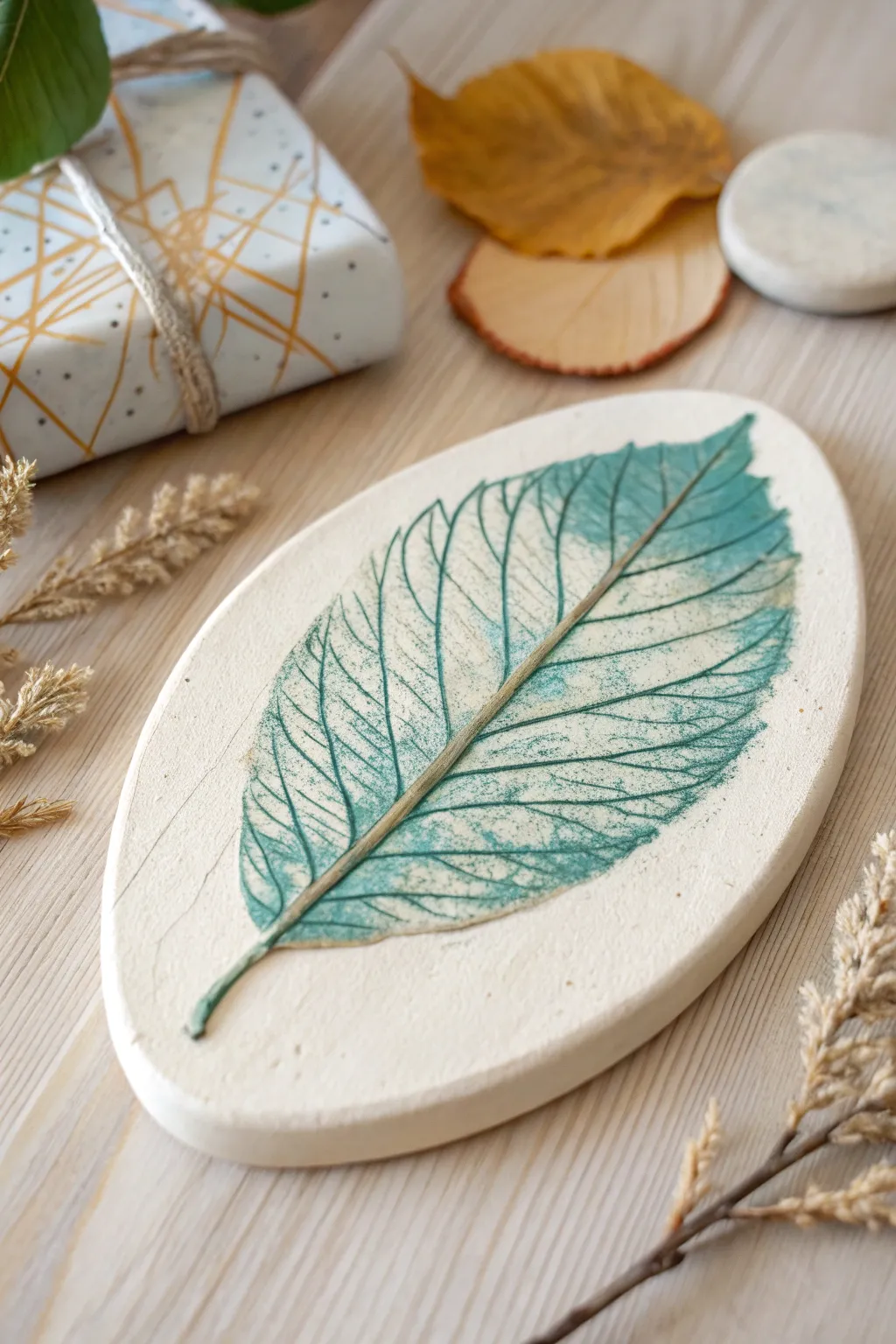 Simple leaf imprint clay keepsake with bold color wash and crisp texture, perfect for preschoolers
