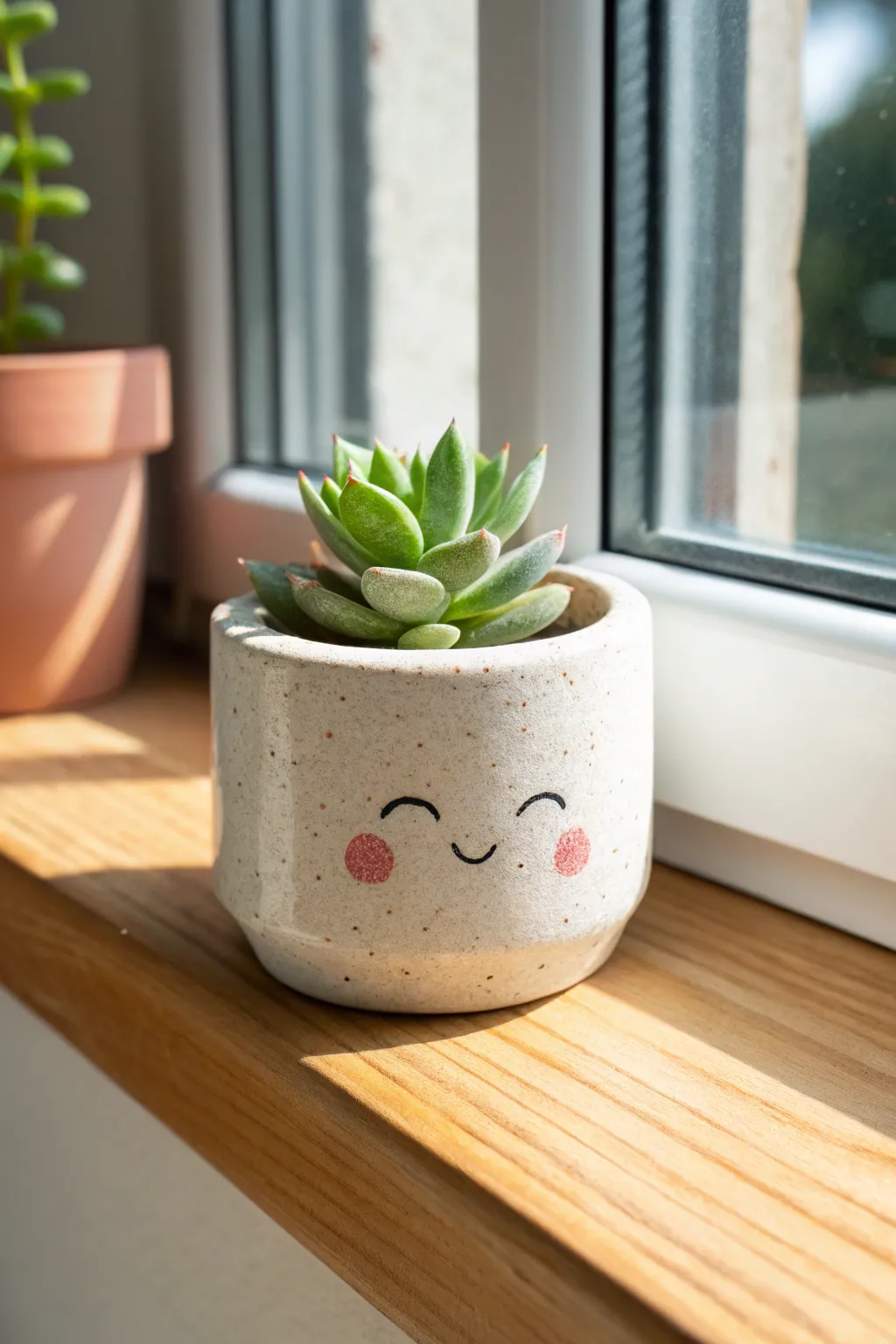 Mini face planter with rosy cheeks and a tiny succulent, sunlit and sweet Scandinavian-boho charm.