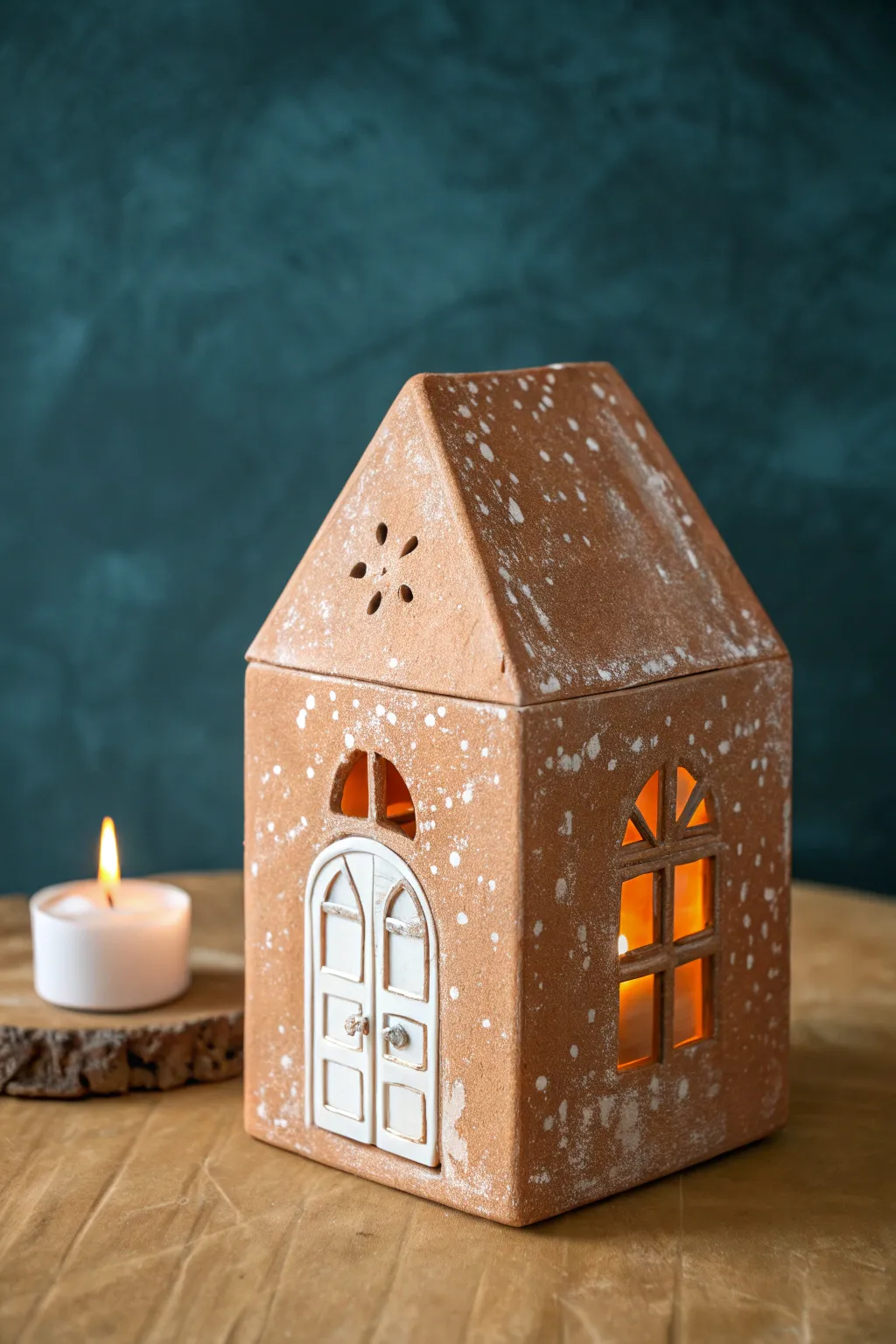 Cozy arched-window clay cottage lantern, glowing warmly against a dark minimalist backdrop.