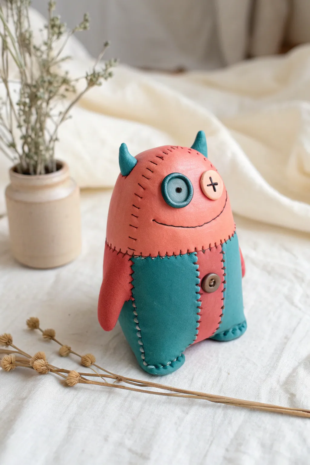 Minimal patchwork clay monster in bold coral and teal, stitched details and button eye.