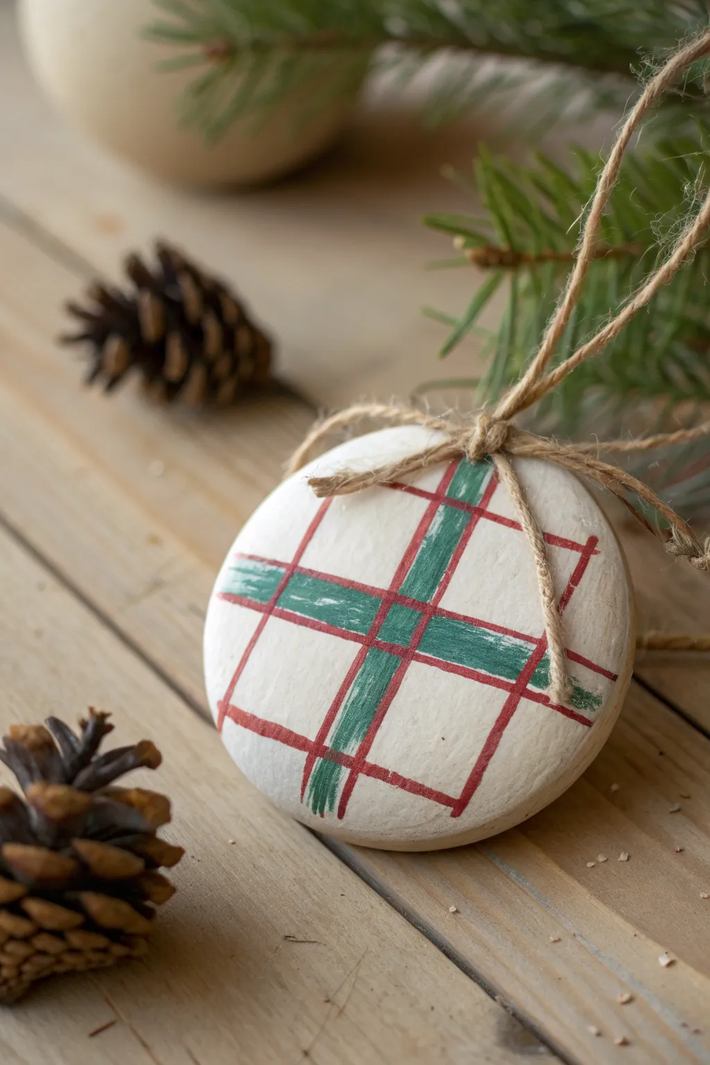 Simple plaid clay ornament in red and deep green, tied with twine on rustic wood.
