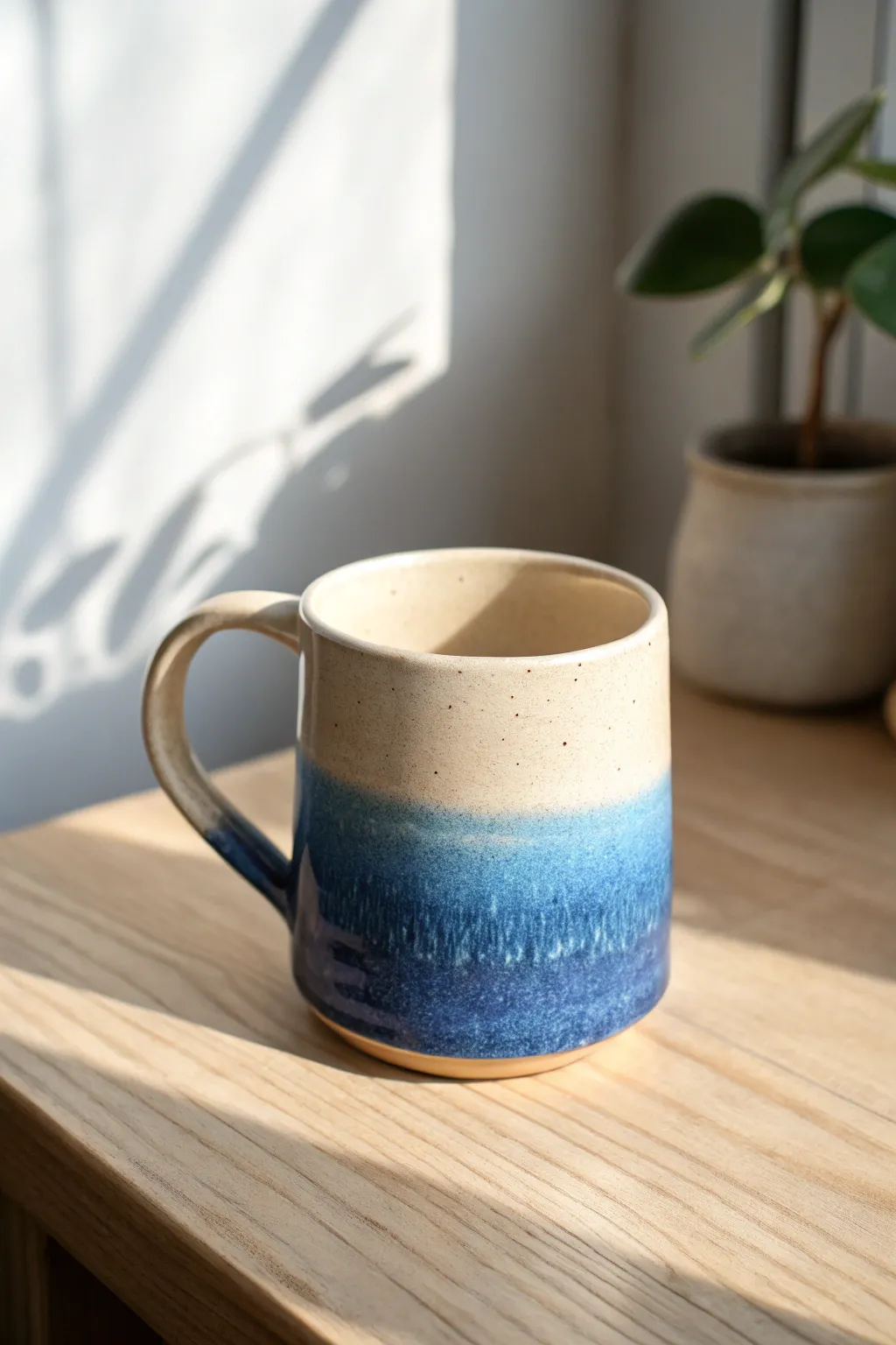 Soft ombre gradient mug in cobalt-to-cream tones, a simple clay painting idea for beginners.