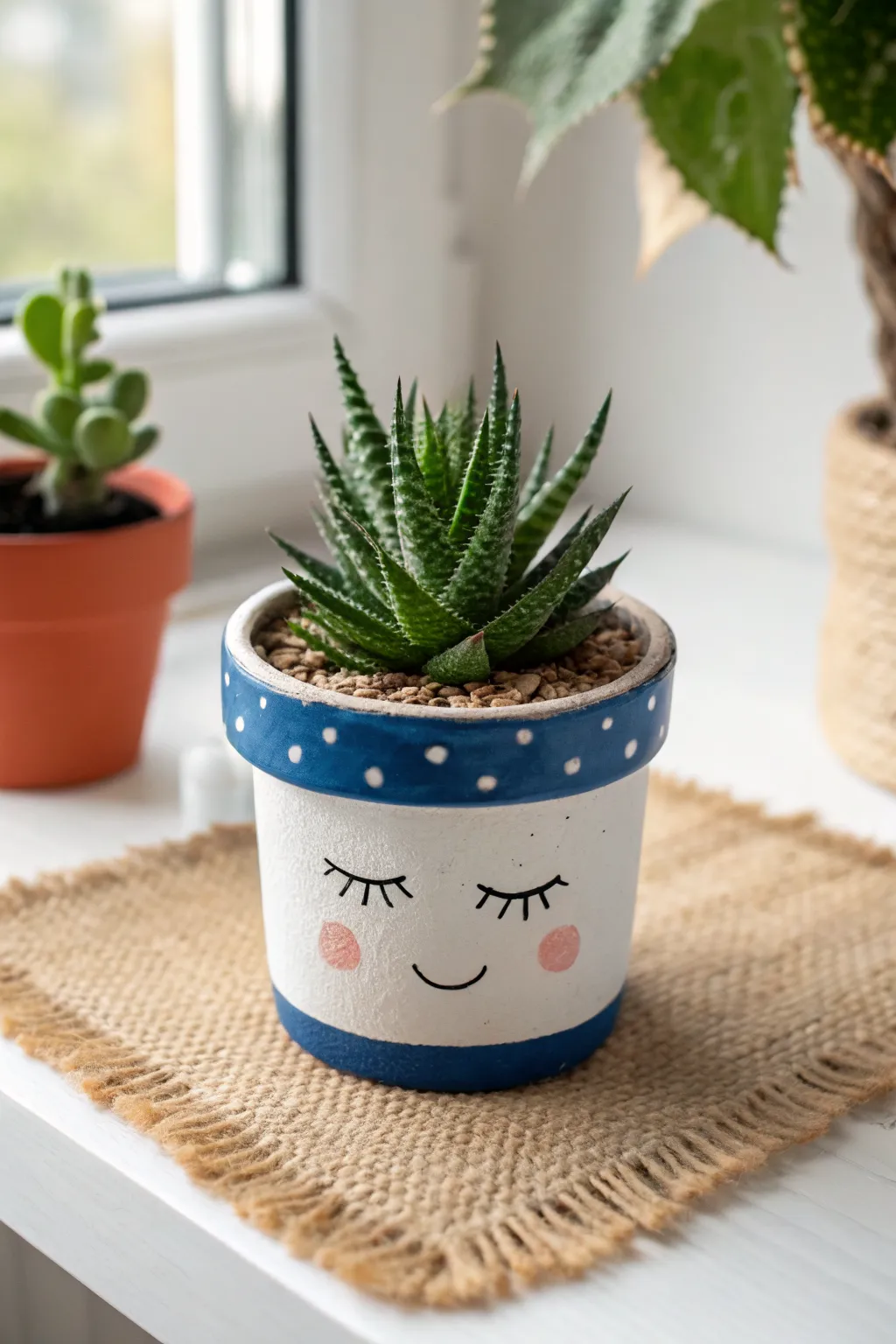 Easy face planter with succulent hair: a cute painted clay pot that brightens any desk