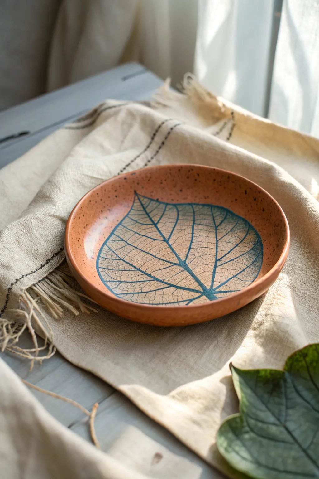 Leaf-imprint catchall plate in cozy linen tones, simple, handmade, and beautifully bold.