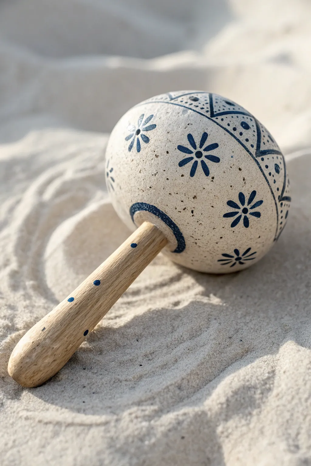 Pebble clay rattle with simple stamped dots and florals in matte finish, bold yet minimal.