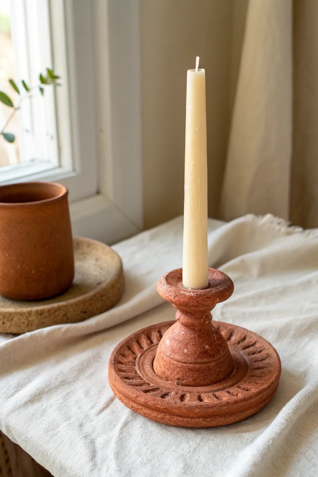 Chunky clay candle holder with simple pressed lines, styled minimal and warm for easy DIY charm