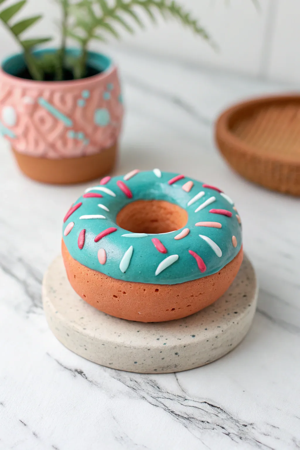 Kid friendly clay donut sculpture with drippy icing and sprinkles, bold Scandi boho colors.
