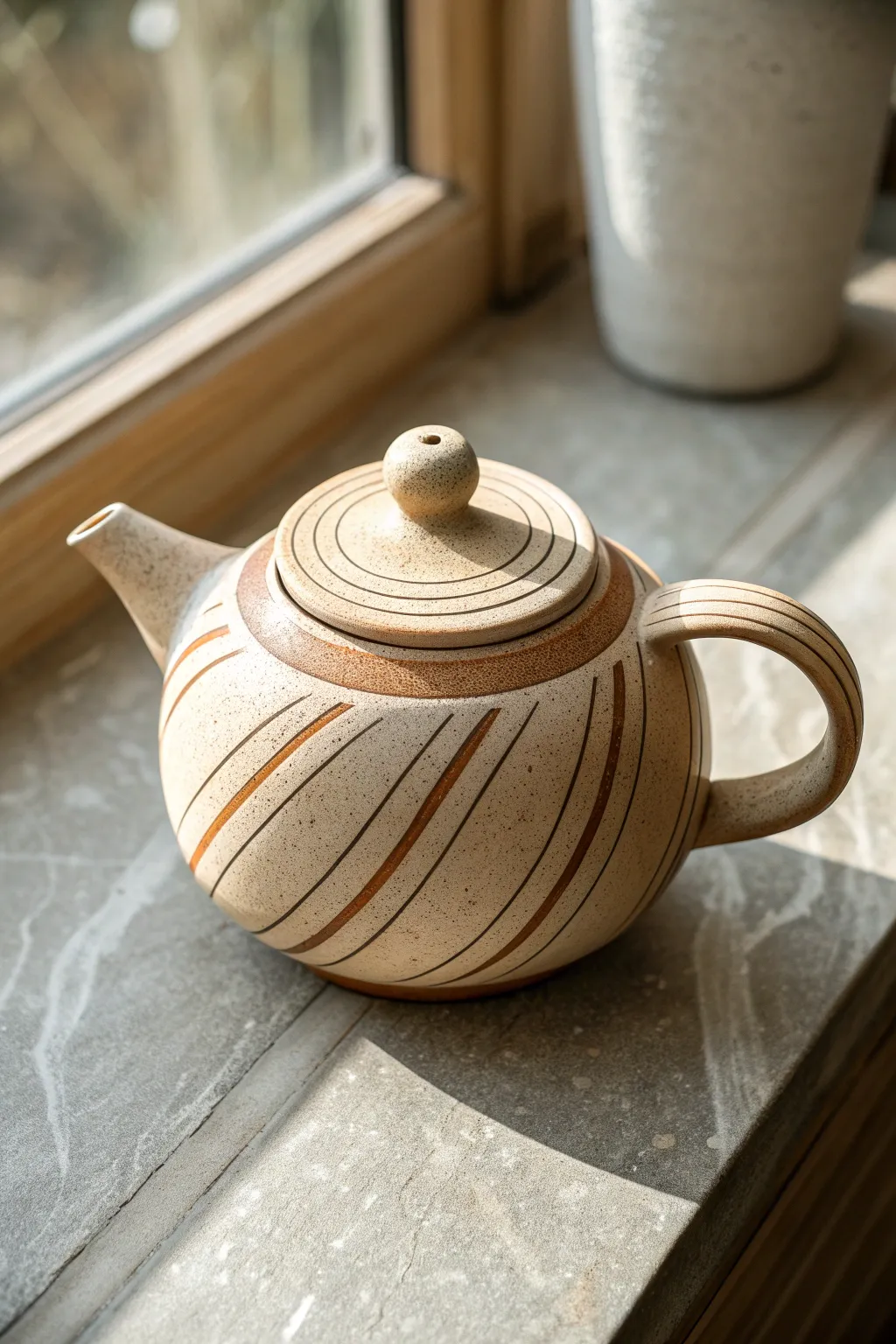 Minimal teapot with bold slip-trailed swirls, showing texture and contrast in soft light