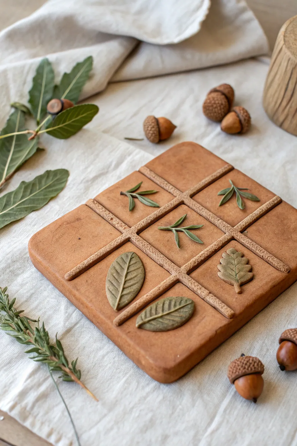 Cozy leaf vs acorn clay tic tac toe set in earthy tones, simple grid and woodland charm