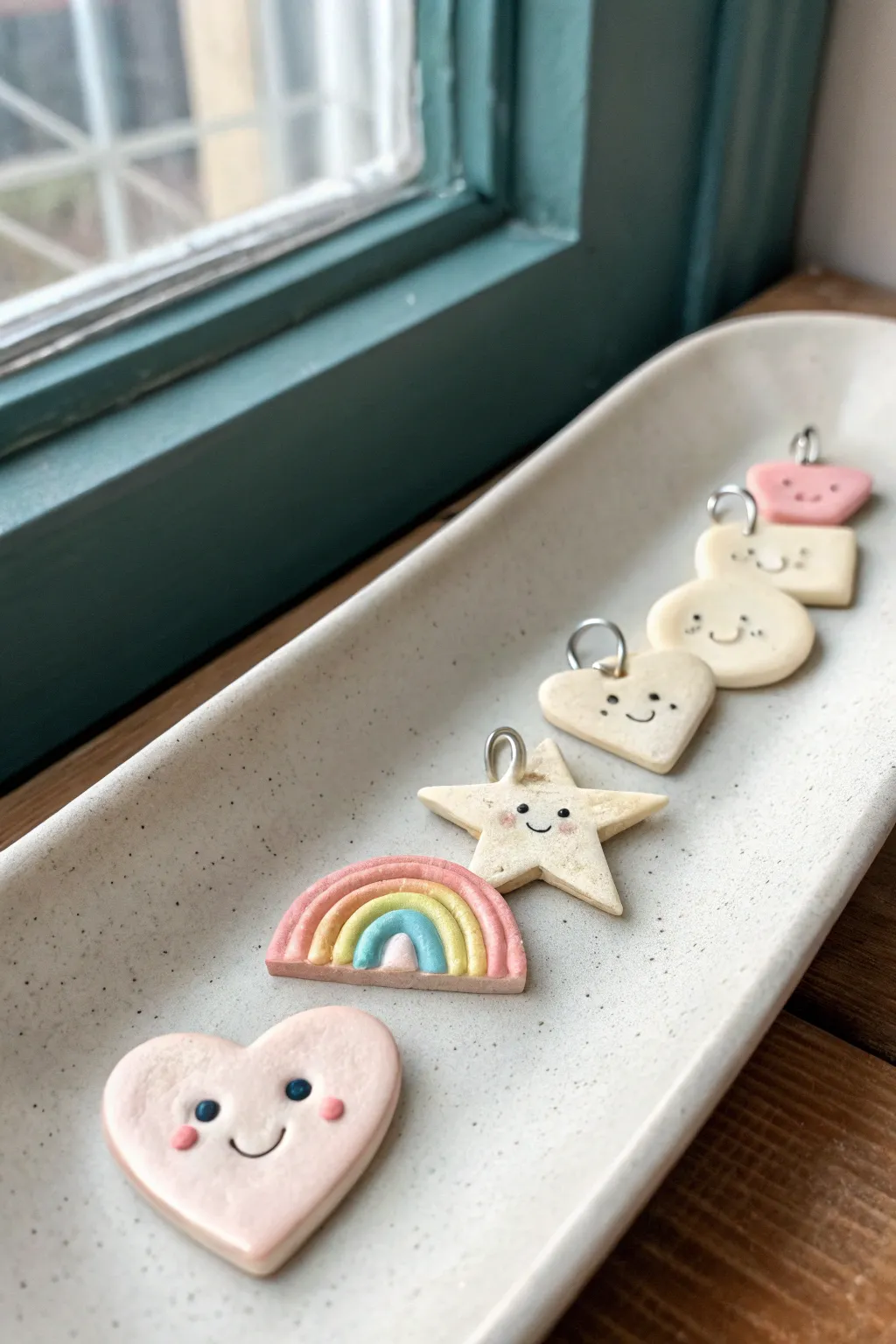 Sweet pastel rainbow charms with tiny faces, a minimal boho lineup perfect for easy air dry clay.