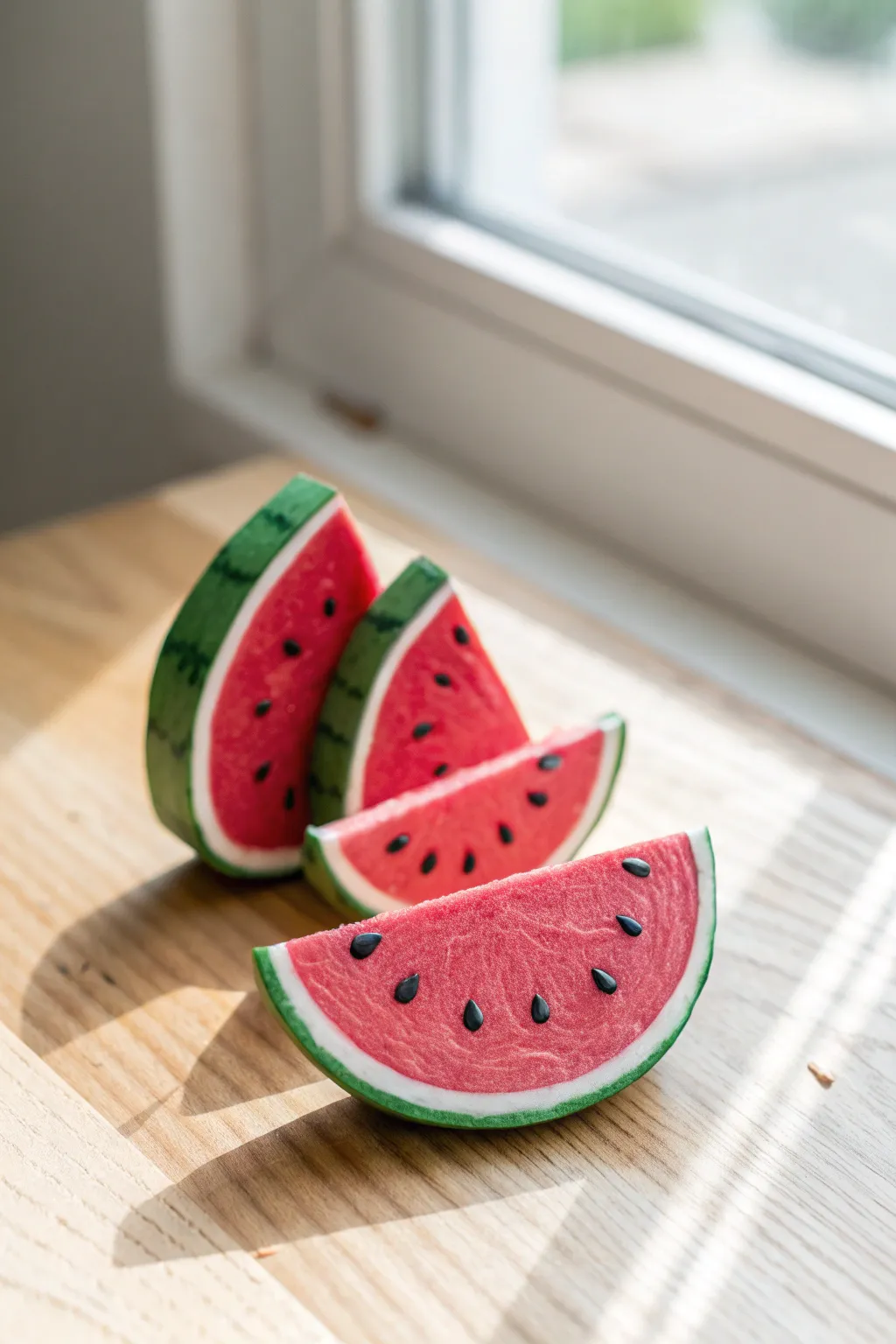 Tiny clay watermelon wedges in bold pink and green, fanned out for an easy summer-cute project.