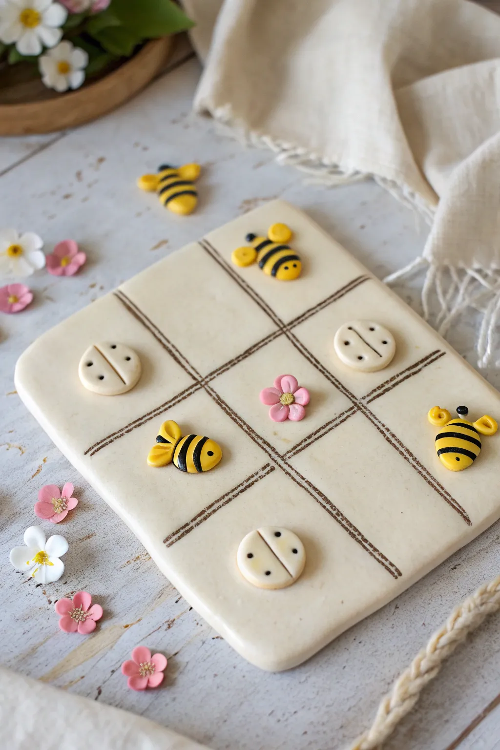 Adorable clay tic-tac-toe set with bees and flowers, neatly arranged on a minimalist board
