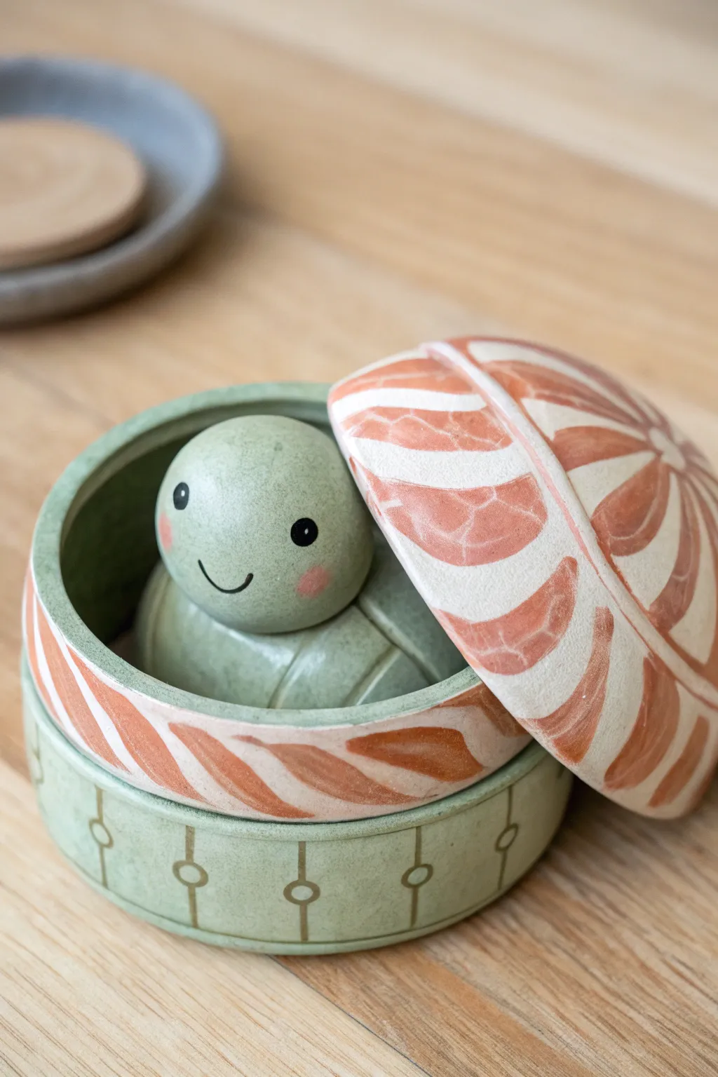 Adorable polymer clay turtle trinket box with a removable shell lid, simple, bold, and handmade