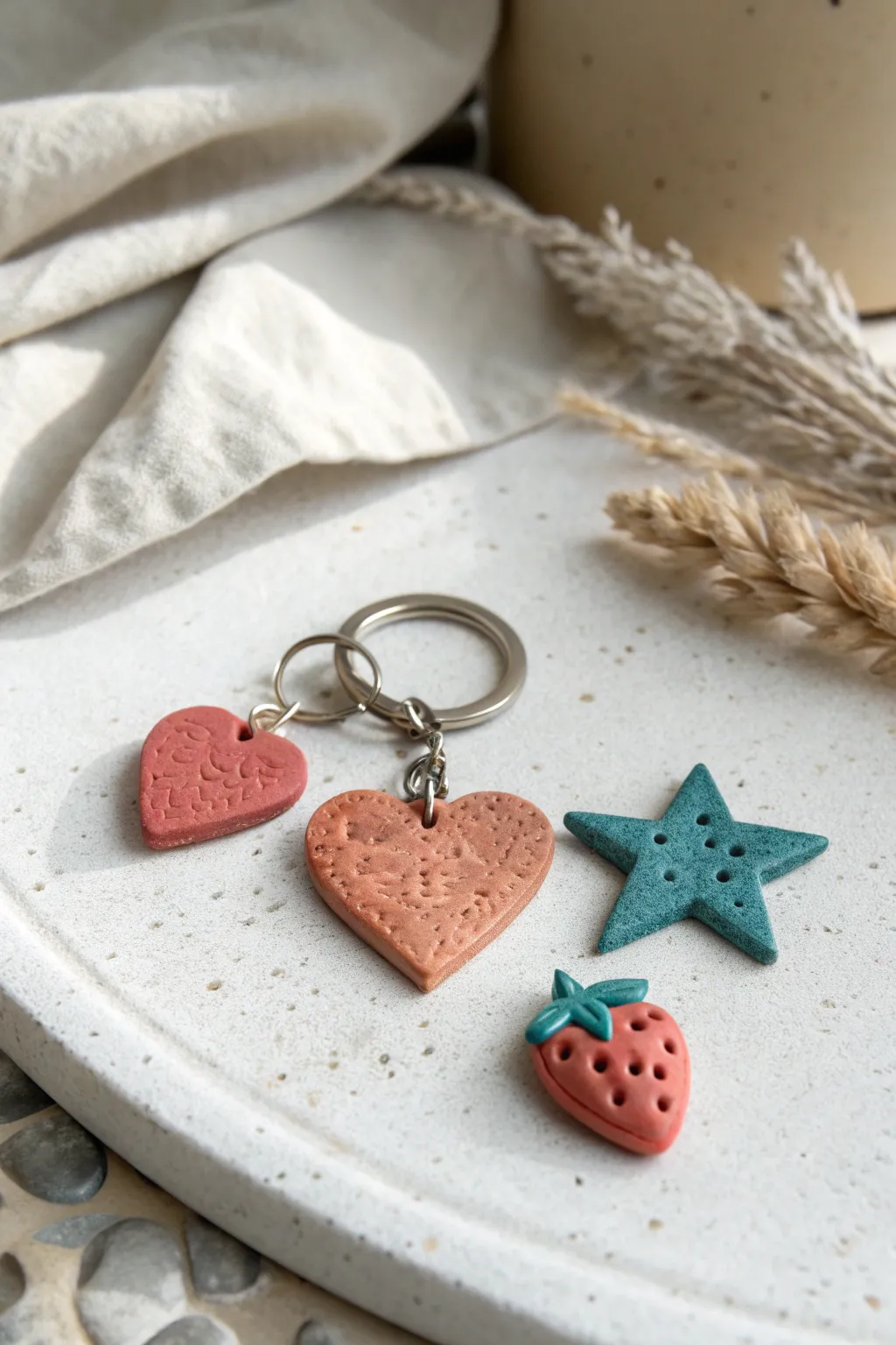 Tiny dry clay charm keychain with hearts, stars, and fruit, styled in minimalist boho tones