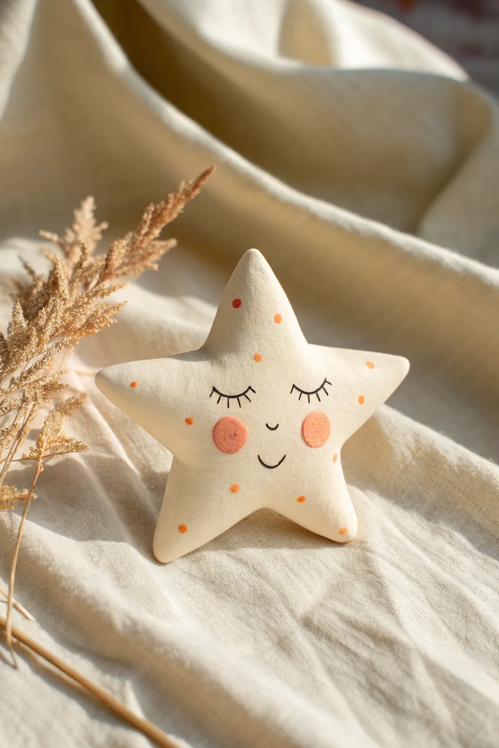 Sweet sleepy star clay figurine in calming tones, minimalist boho styling and cozy contrast.