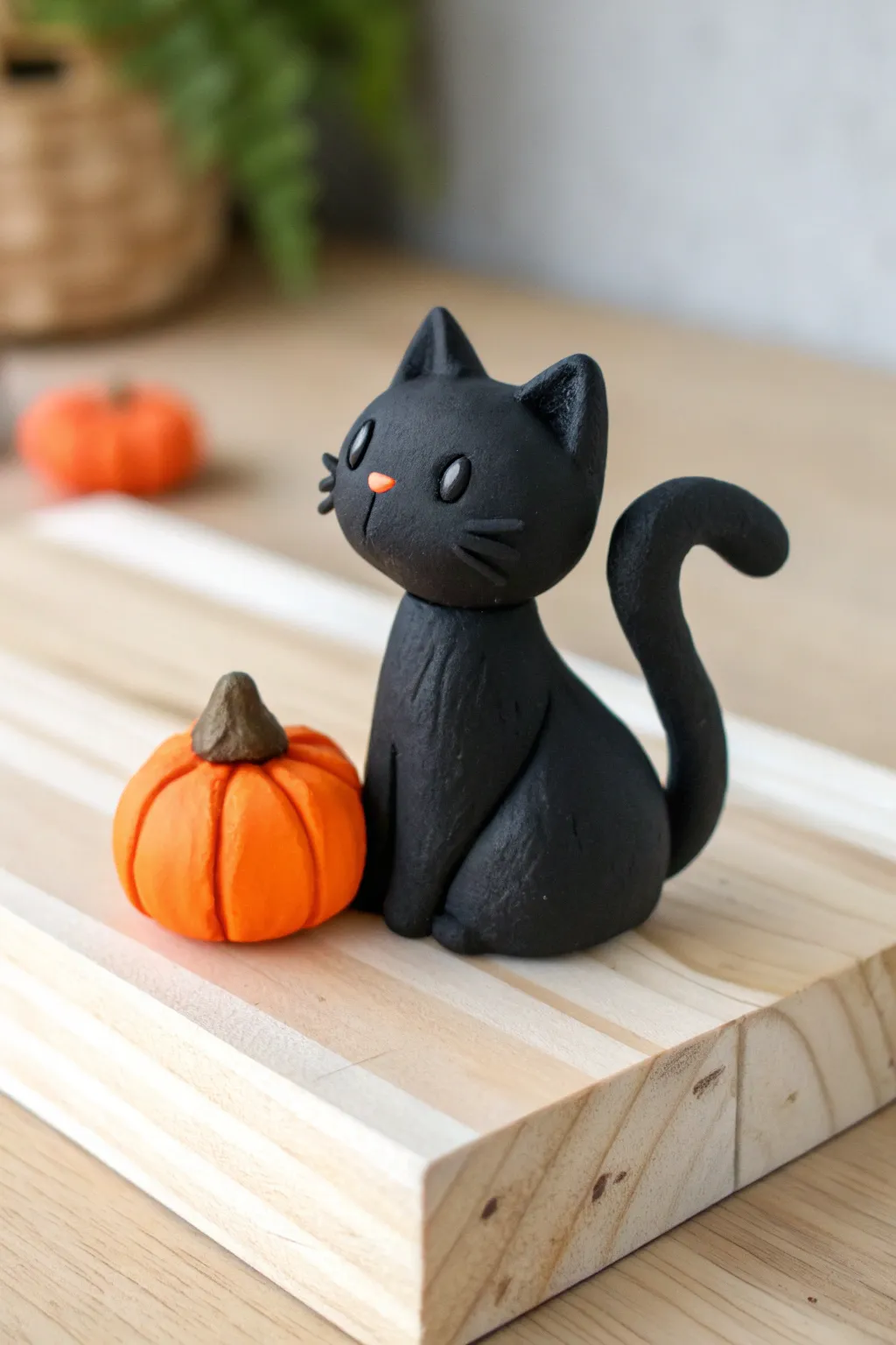 Beginner-friendly black cat and pumpkin clay mini with bold contrast and cozy minimalist vibes