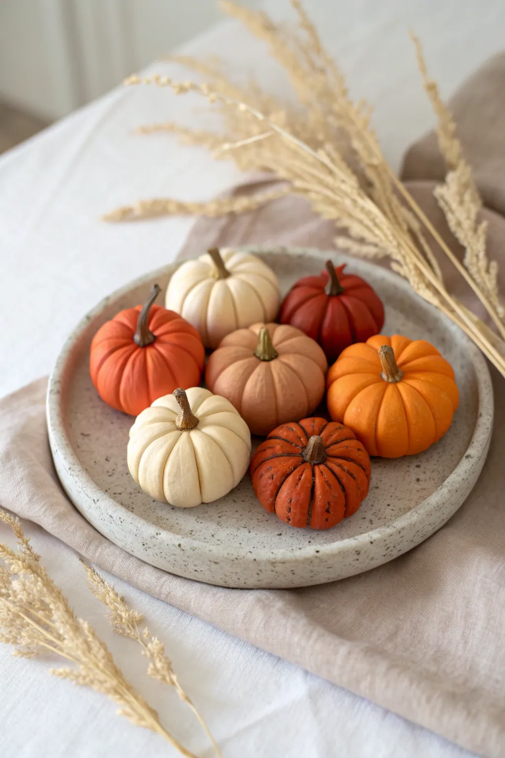 Mini polymer clay pumpkin patch in warm autumn tones, minimalist boho decor, beginner friendly