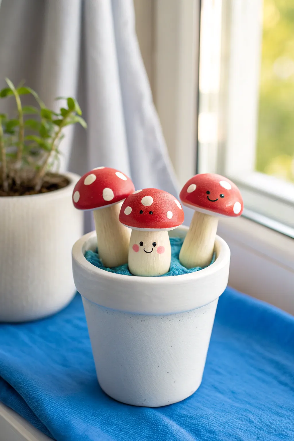 Smiling red mushroom planter toppers on a minimalist pot, cute, bold, and easy to recreate.