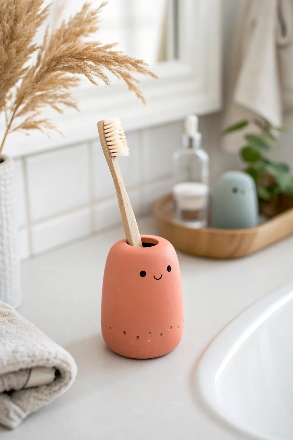 Meet your tiny clay bathroom buddy: a cute creature toothbrush holder in bold coral glaze.