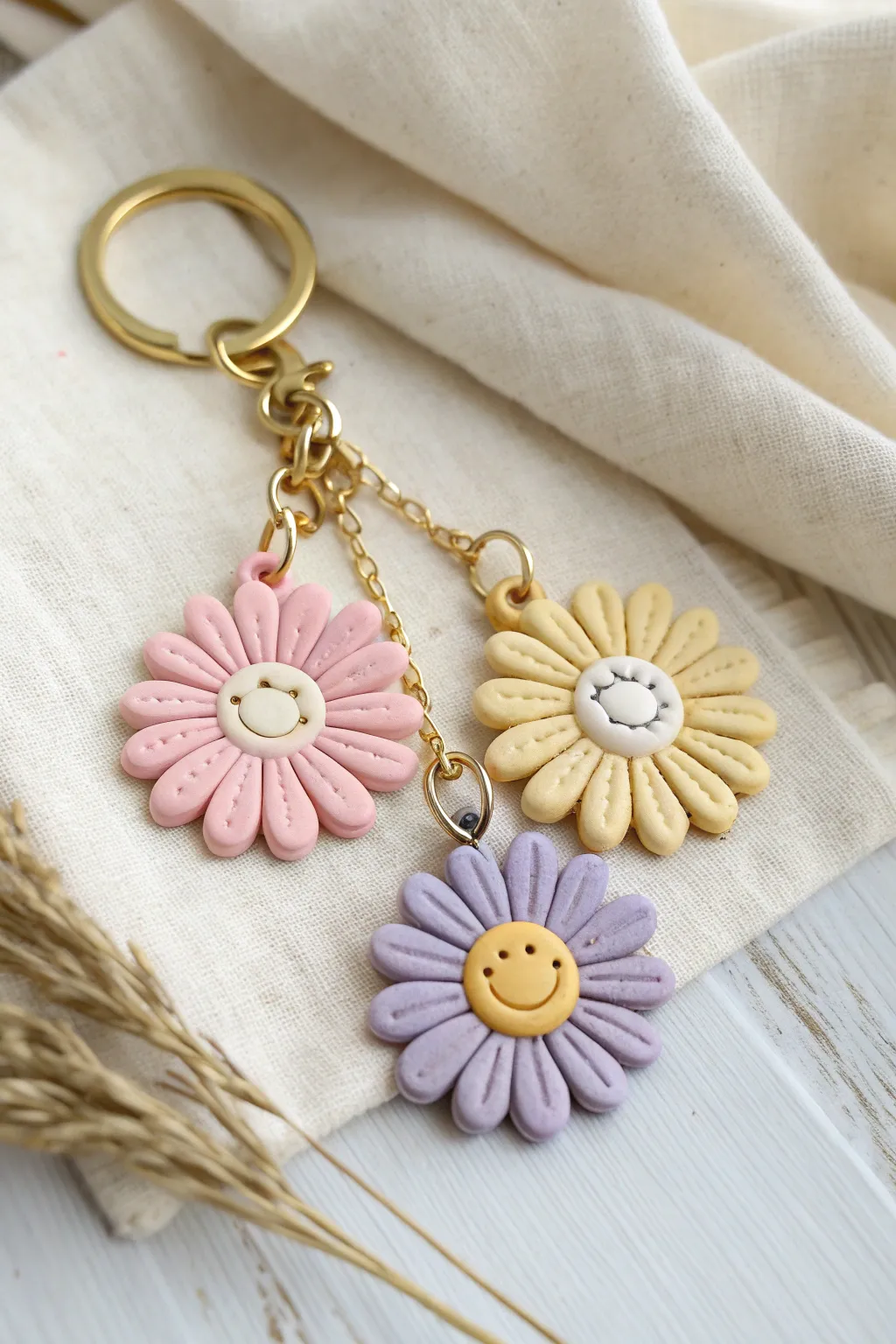 Cute pastel daisy bag charm set with happy faces, minimal and boho on a clean neutral backdrop