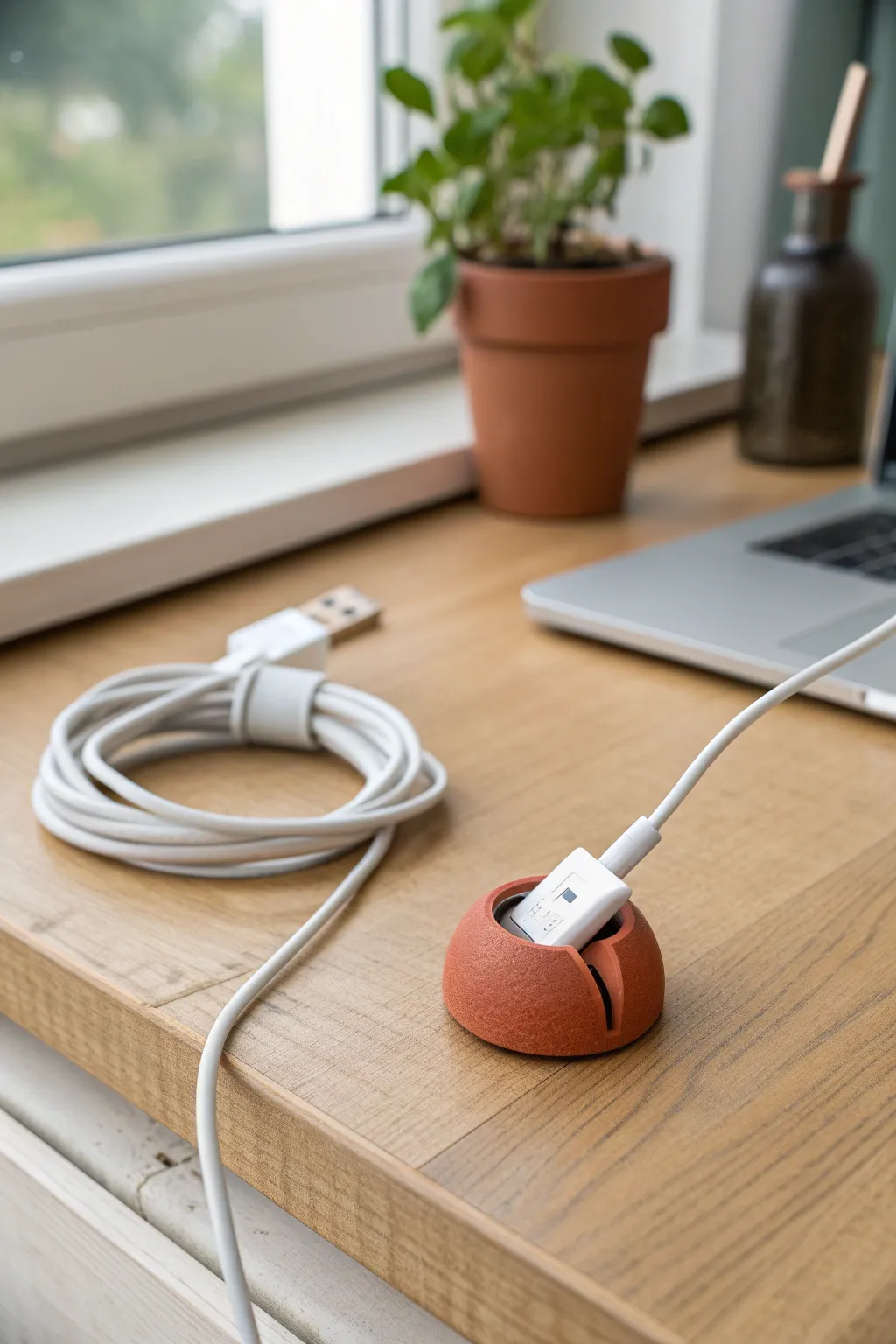 Bold polymer clay cord keeper that neatly clips a charging cable on a clean, minimalist desk.