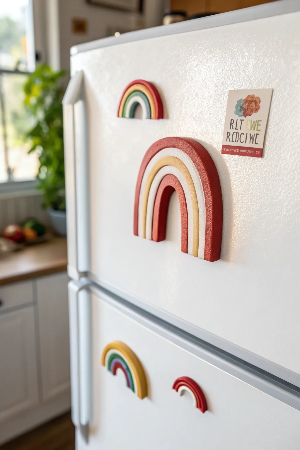 DIY rainbow arch polymer clay magnet on a white fridge, bold stripes, cozy minimalist vibe