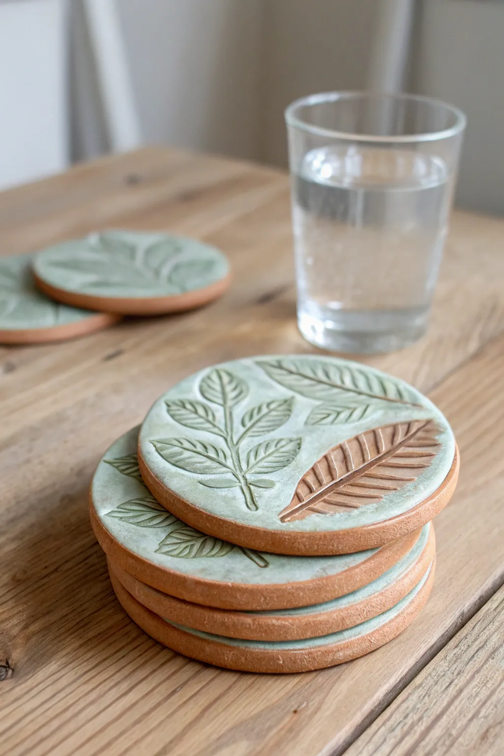 Botanical-imprint clay coasters in a simple stacked set, glazed to highlight every leaf vein.