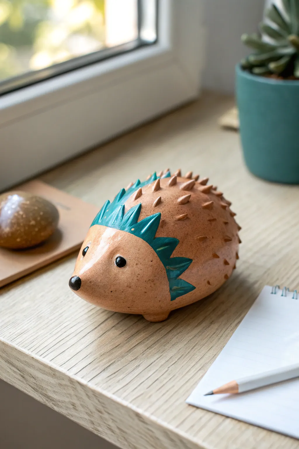 Chubby clay hedgehog paperweight with easy poke-texture spikes, simple, cute, and desk-ready
