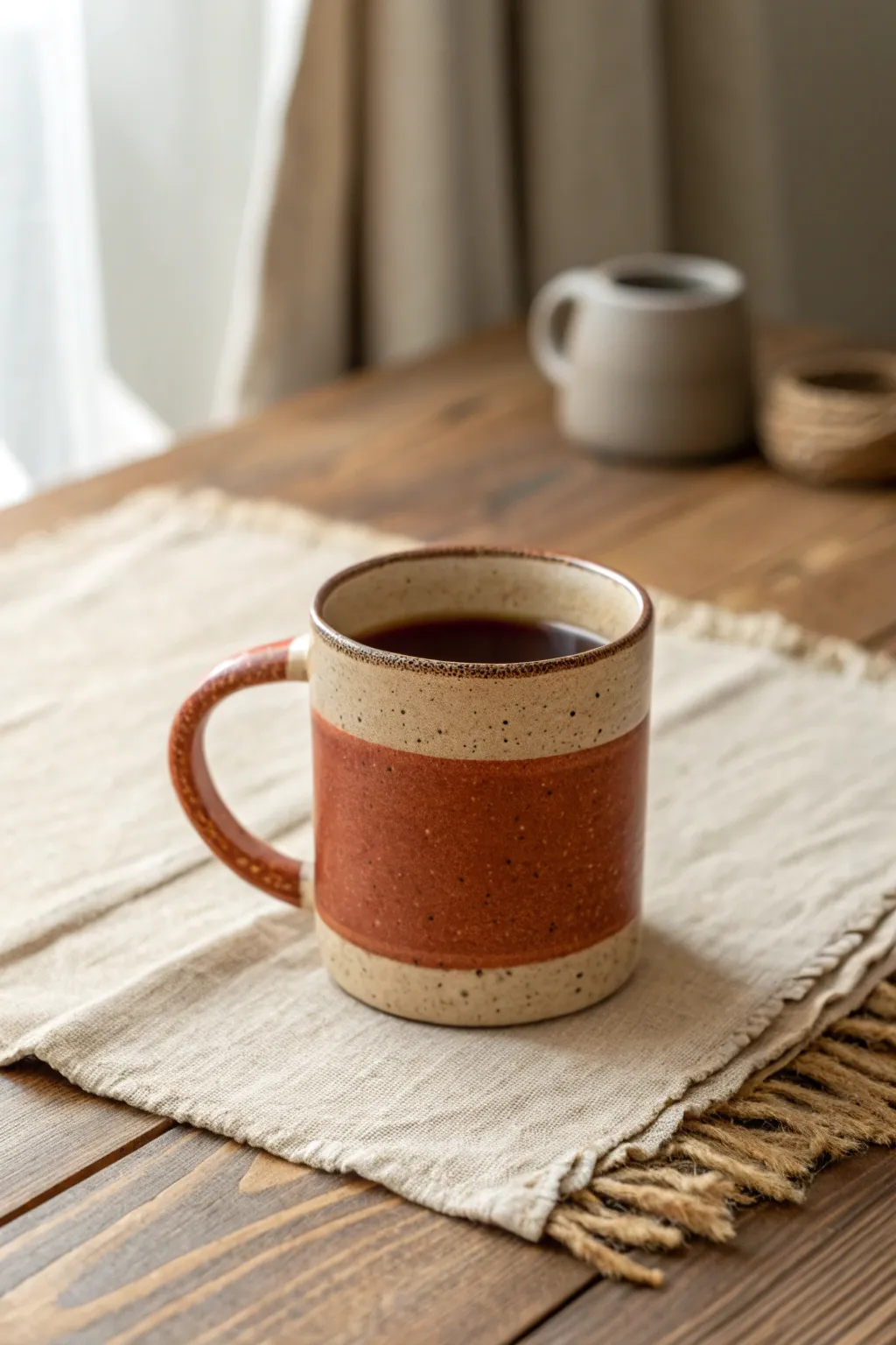 Cozy, slightly wonky slab mug with strap handle, a beginner friendly pottery win.