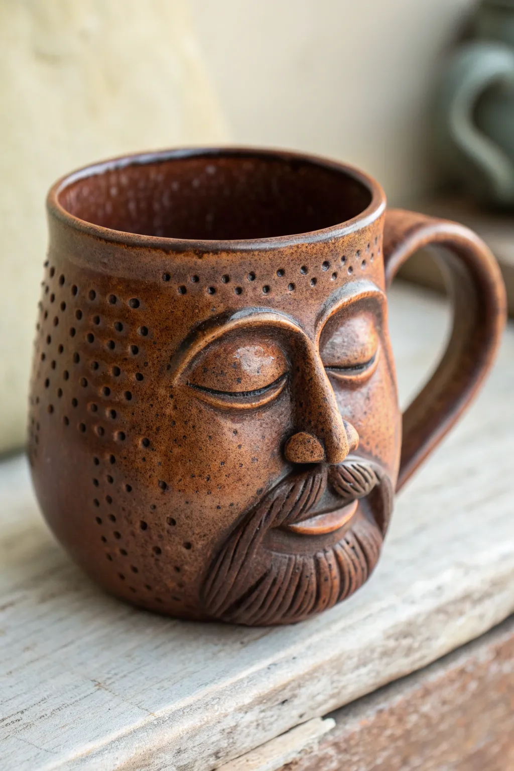 Handcrafted face mug with dotted beard texture and cozy charcoal brown glaze for rustic charm.