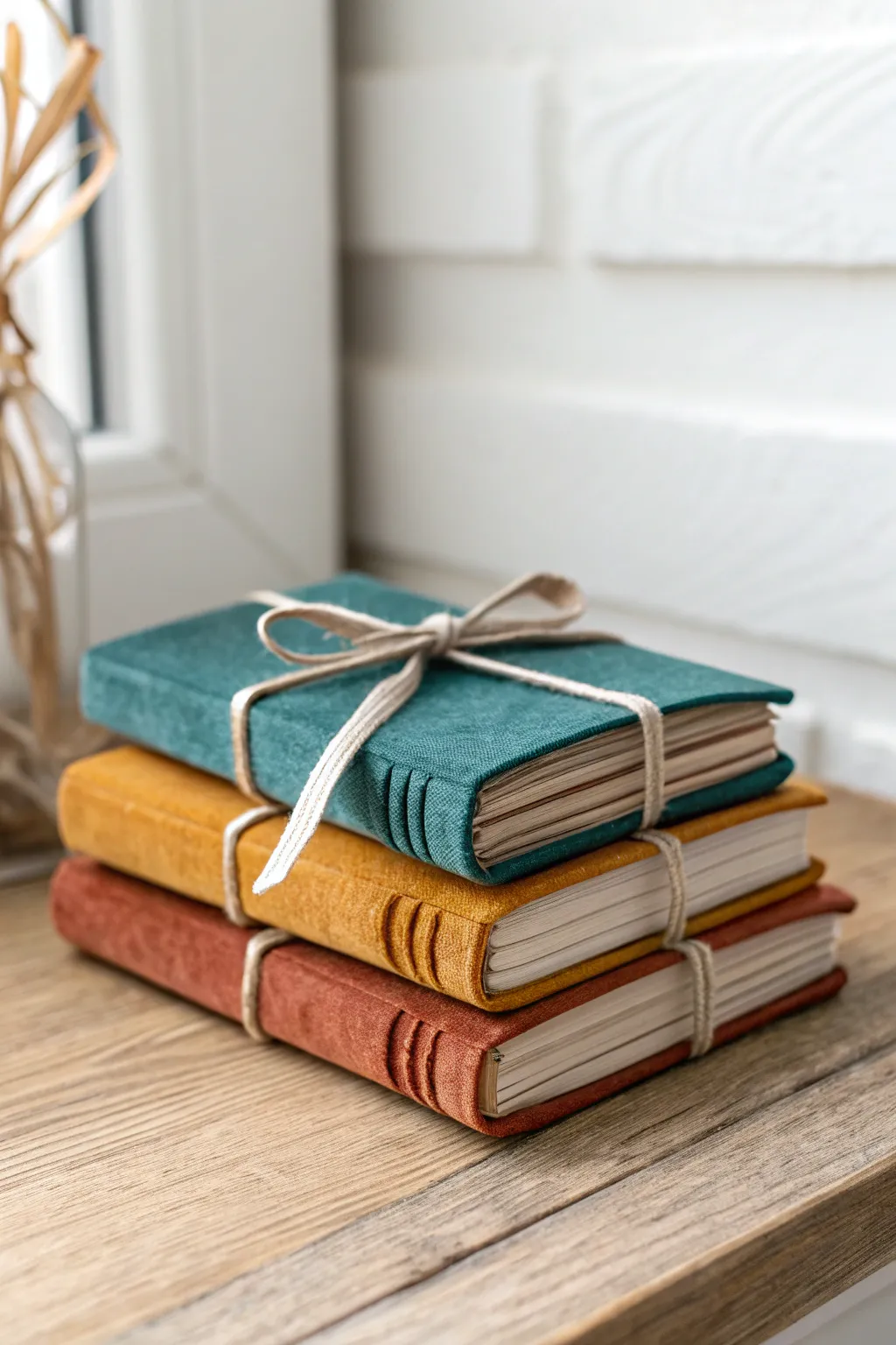 Tiny fairy book stack with a ribbon-tied scroll, bold colors in a calm minimalist setting