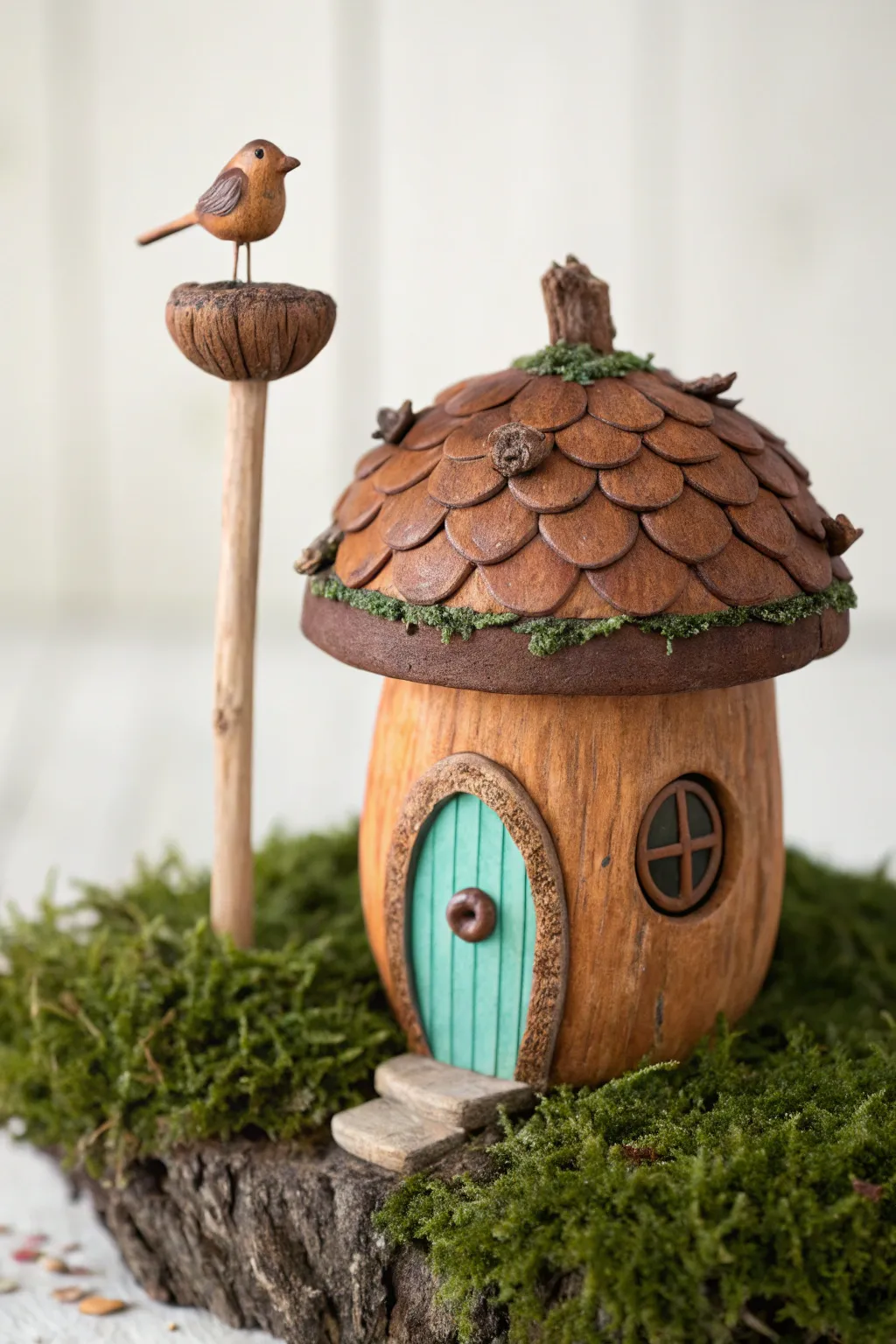 Acorn-inspired fairy birdhouse with a tiny clay door and perched bird on lush moss