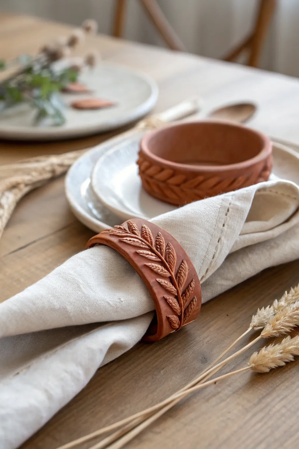 Cozy fall table detail: wheat-textured air-dry clay napkin ring on neutral linen napkin