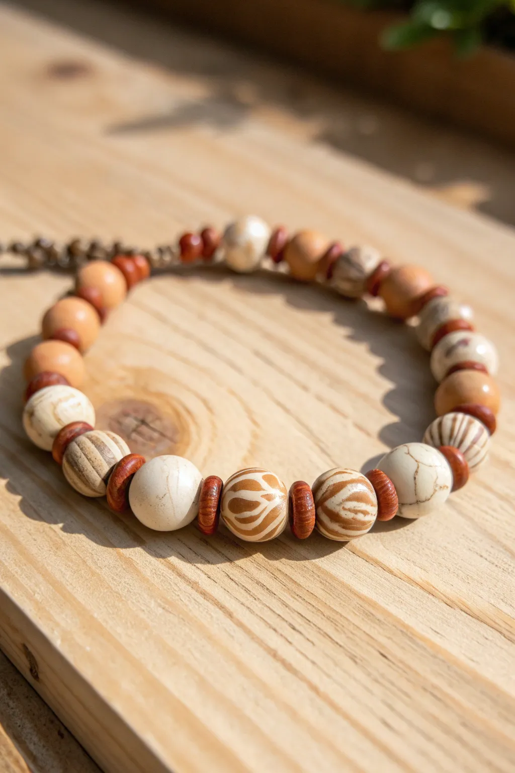 Cinnamon swirl marbled clay beads paired with terracotta heishi for an effortless fall bracelet