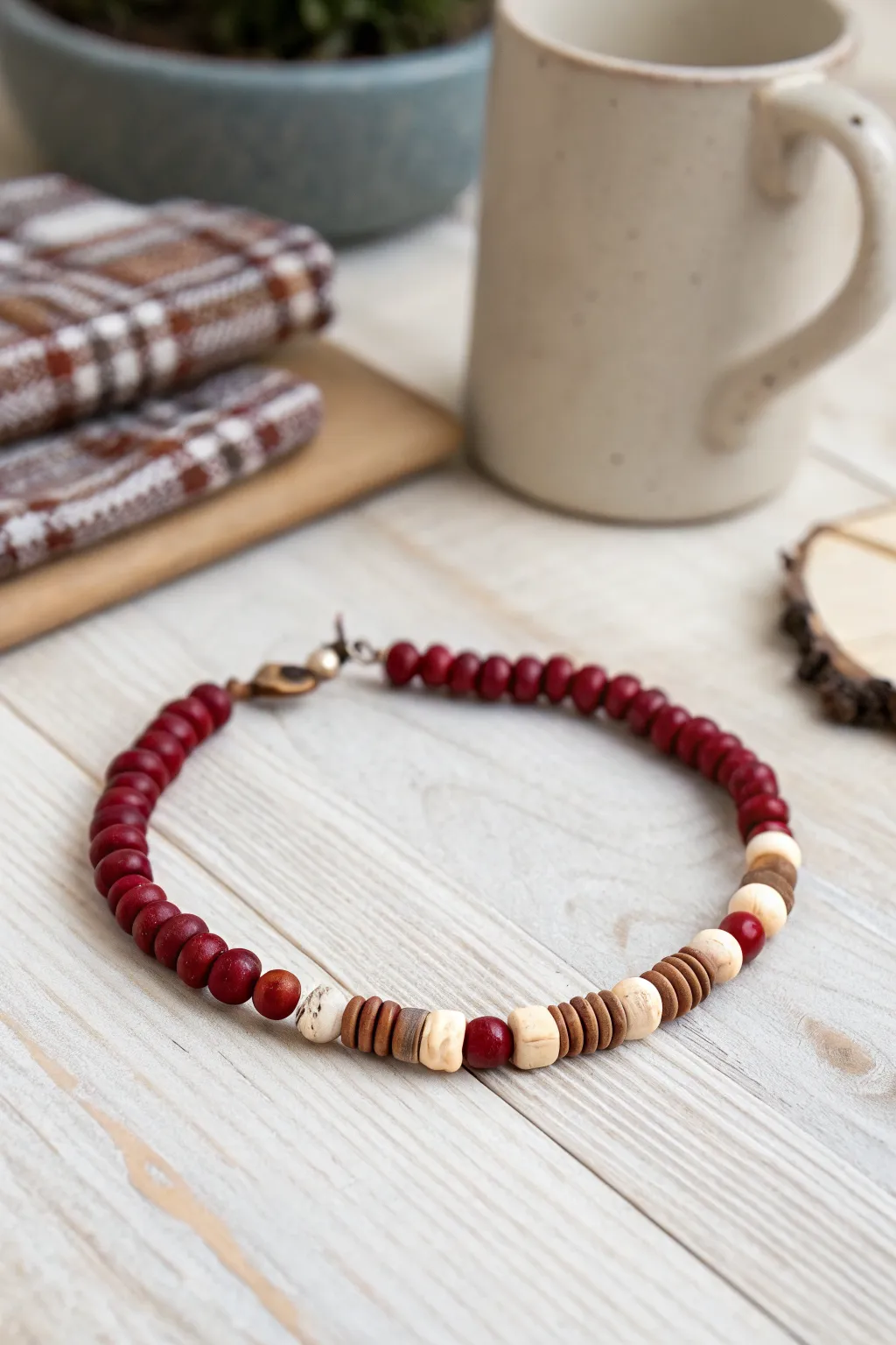 Apple red and creamy heishi clay bracelet with a cozy fall vibe, simple, handmade, bold.