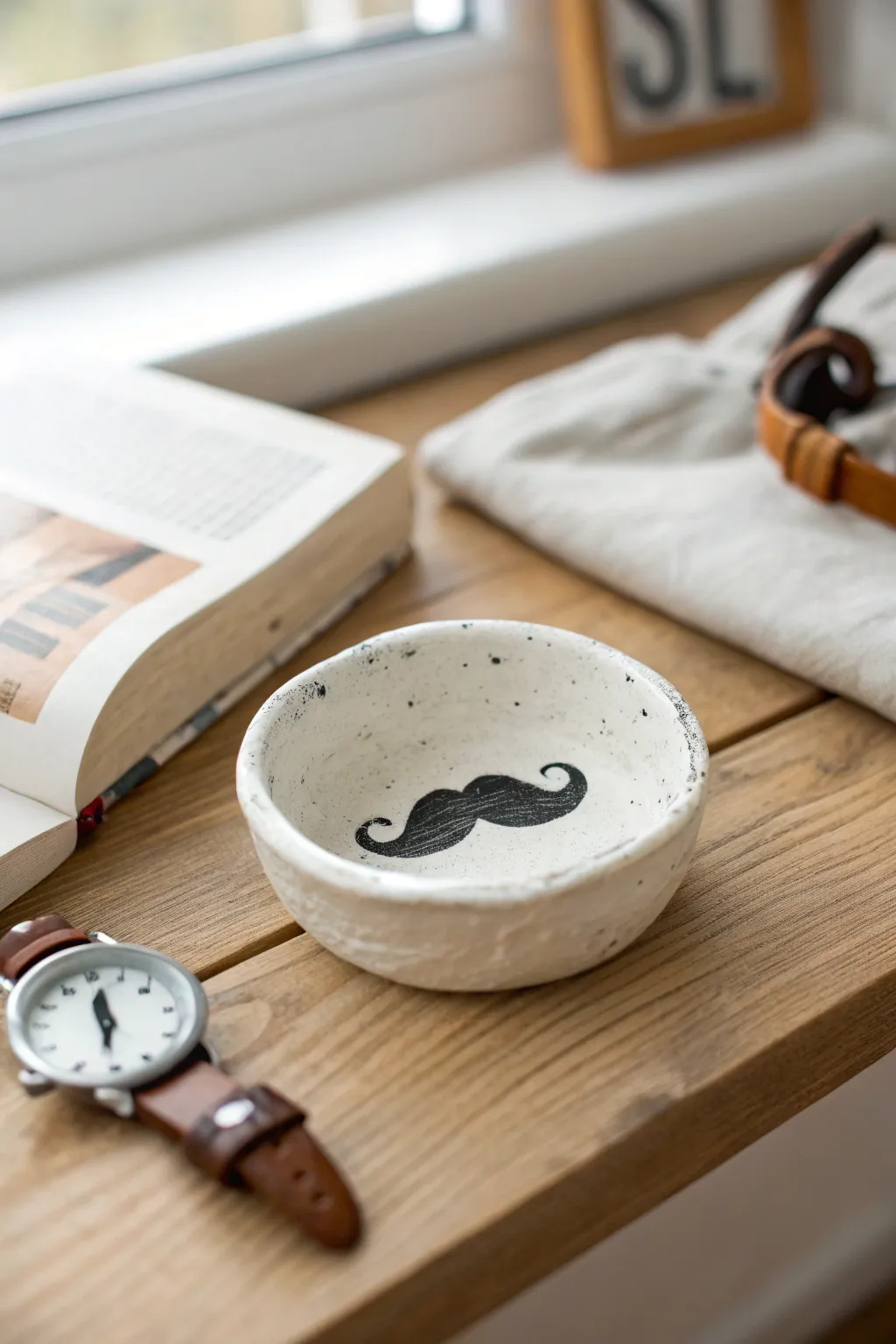 Handmade mustache ring dish, a bold yet minimal Fathers Day gift styled in calm Nordic boho decor.