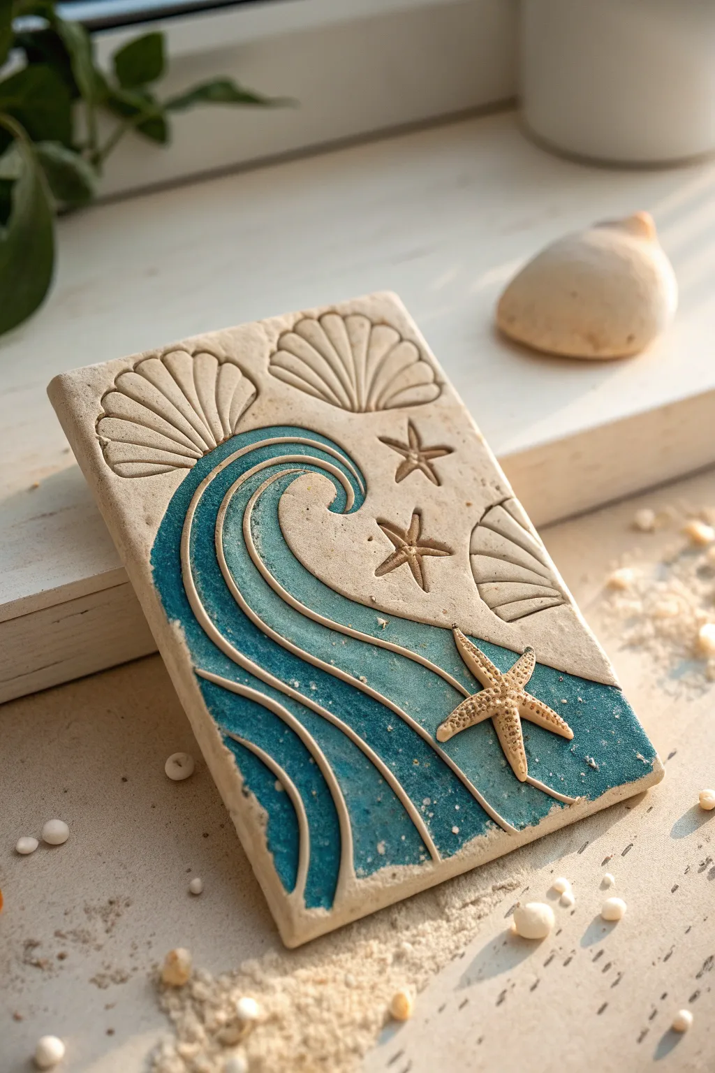 Minimal ocean relief plaque in sandy clay with teal accents for a calm Scandinavian boho look.