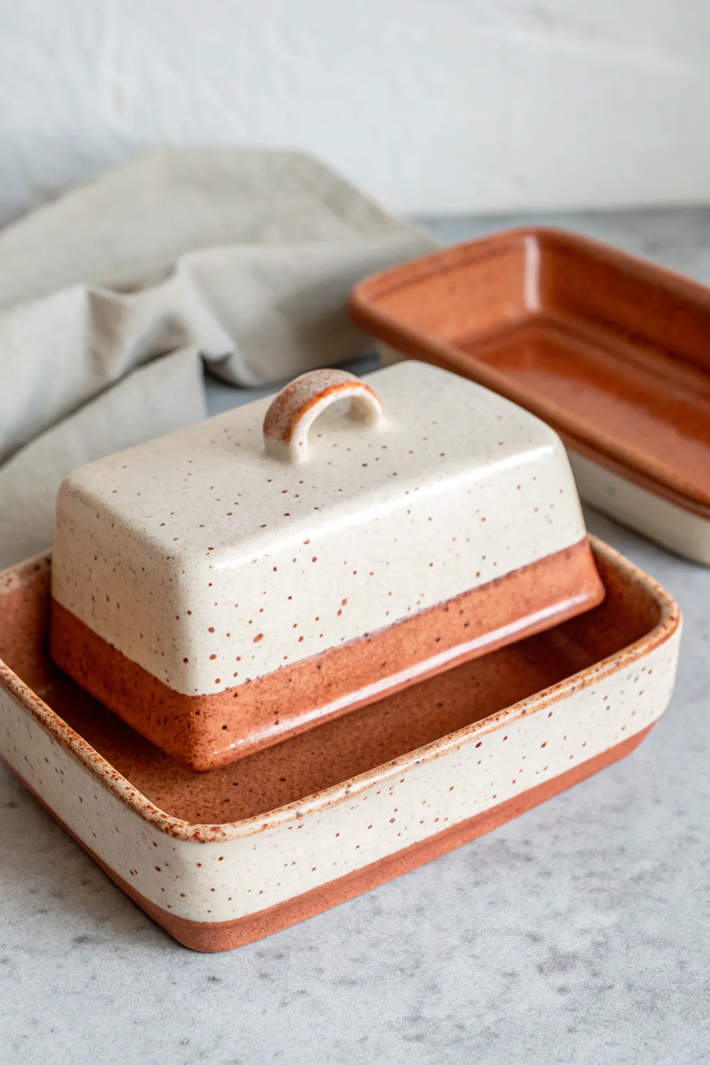 Minimal slab-built butter dish with crisp folds and bold terracotta glaze, lid slightly offset.
